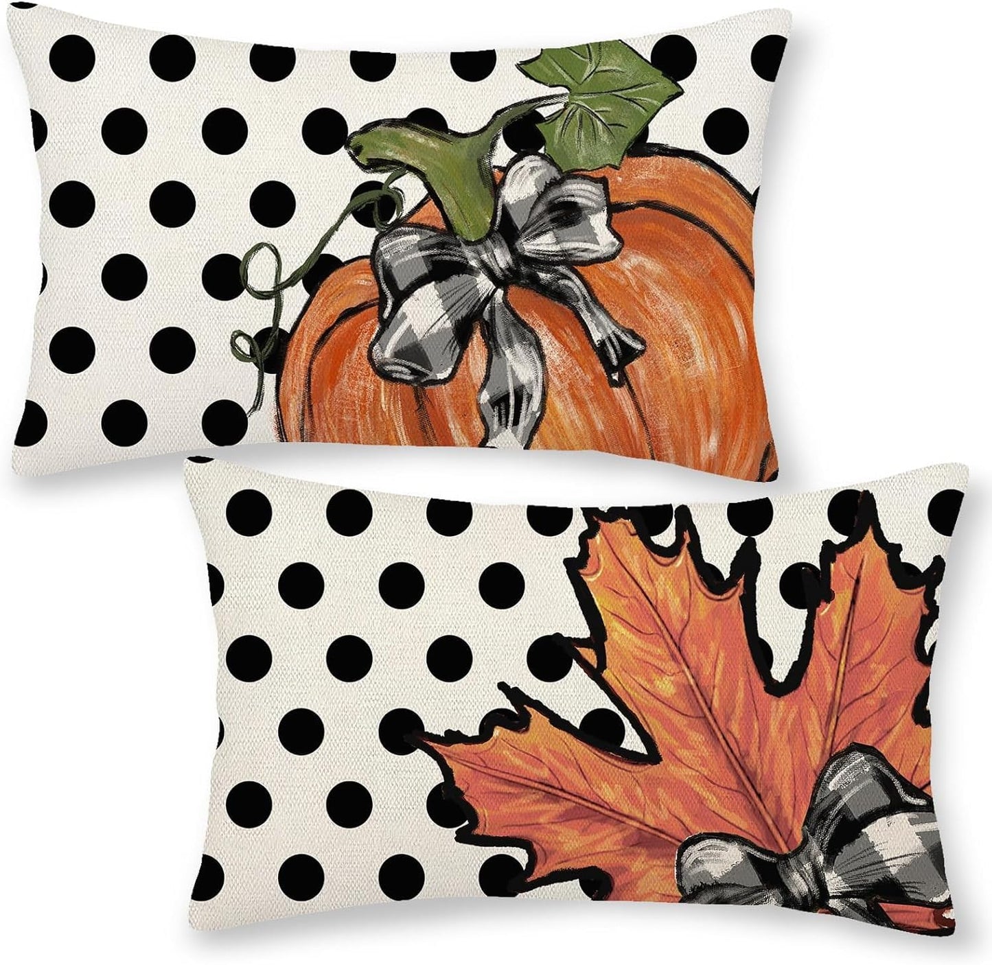Fall Pillow Covers 12 x 20 Inch Set of 2 Autumn Polka Dot Pumpkin Maple Leaves Throw Pillow Covers Outdoor Thanksgiving Harvest Farmhouse Pillowcase Lumbar Cushion Case for Home Sofa Porch