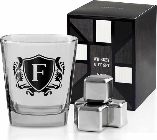 Whisky Gifts for Men, Personalized Initial Whiskey Glass with Whiskey Stones for Dad, Boyfriend, Best Friends, Coworkers, Husband, Brother, Uncle and Boss on Father's Day, Boss Day and Birthday - F
