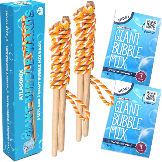 Giant Bubble Wand, Big Bubble Wand, Huge Rope, 2 Pack Giant Bubble Wooden Wands & 256 Ounces Bubble Mix Concentrate Refill, Party Outdoor Summer Toys Activities for Kids Boys and Girls Kit