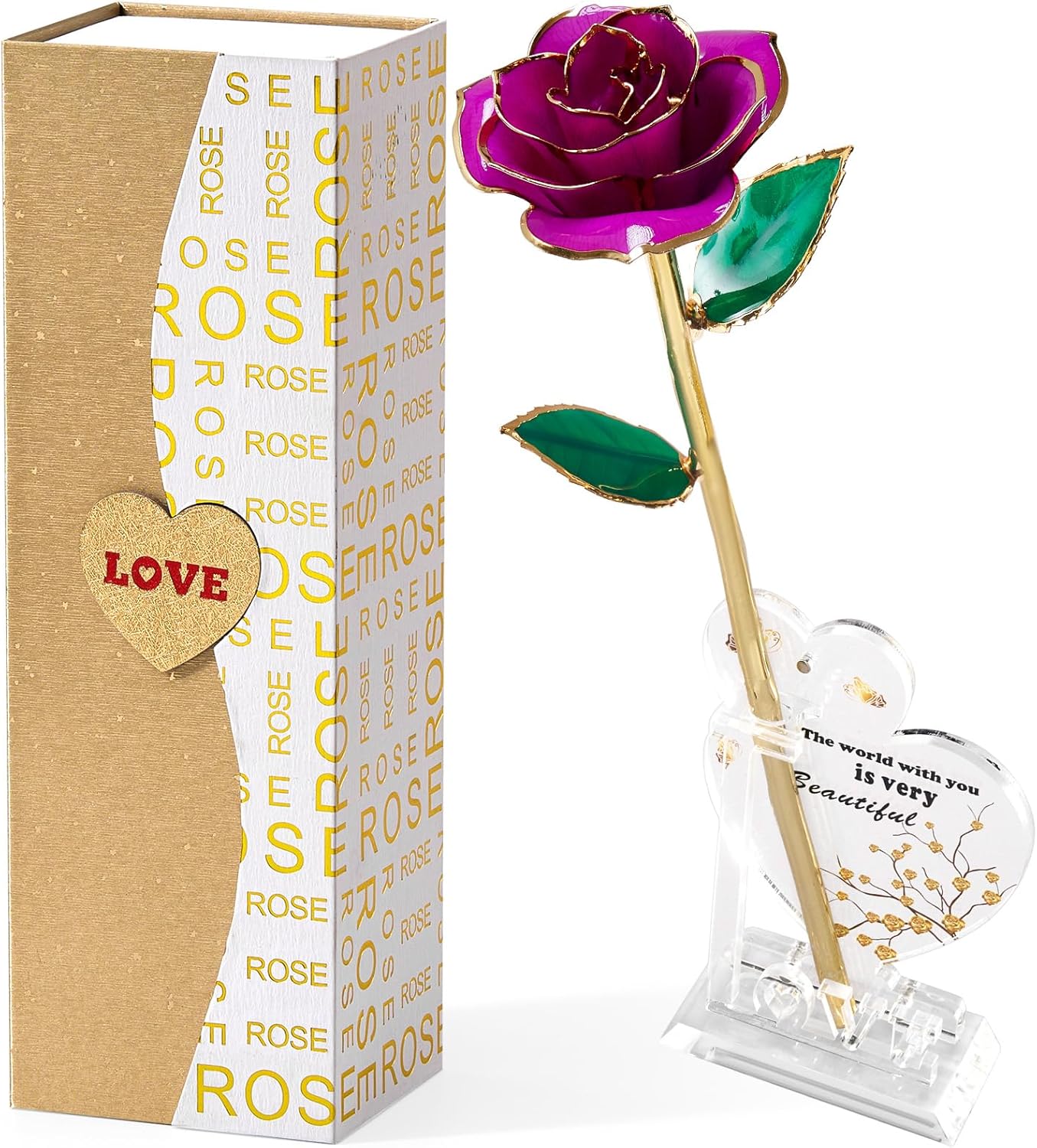 Mikasol Gold Dipped 24K Forever Preserved Rose, 1 Pack Infinity Flower Decor Hand Dipped Romantic Gift for Women in Her Wife Girlfriend Birthday Anniversary Valentines Mothers Day Christmas(Purple)