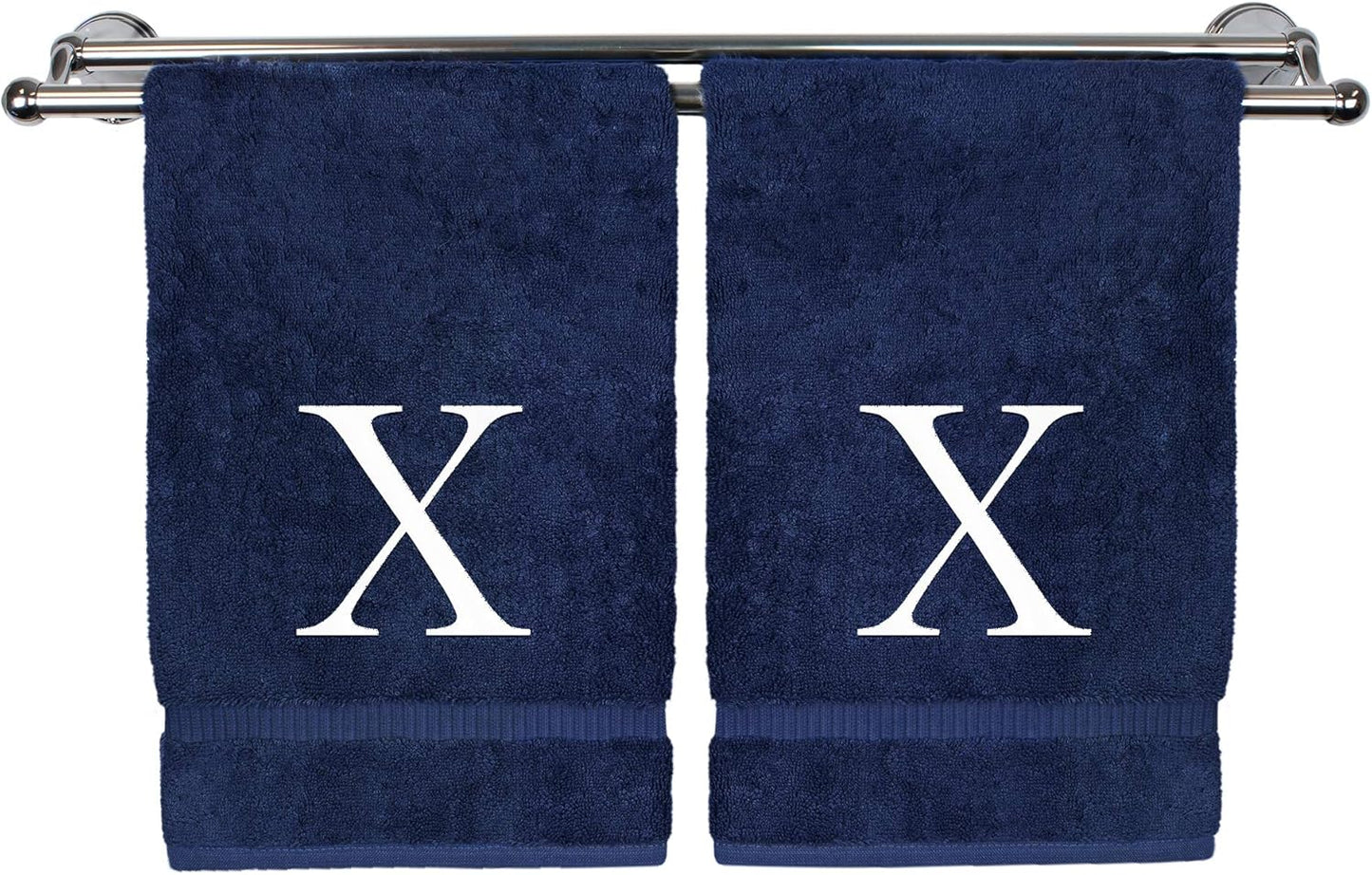 Monogrammed Hand Towel, Personalized Gift, Set of 2- White Block Letter Embroidered Towel - Extra Absorbent 100% Turkish Cotton - Soft Terry Finish - Initial X Navy