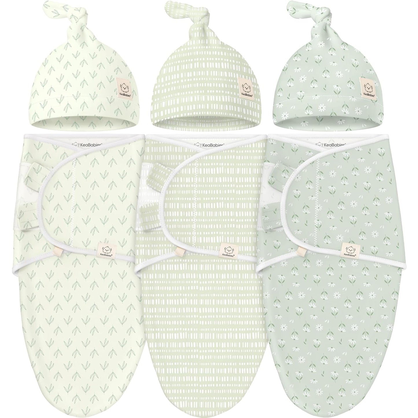 KeaBabies 3-Pack Swaddles for Newborns, Girls, Boys with Hats - Organic Soft Baby Sleep Sacks, Breathable Baby Swaddle 3-6 Months Beanies Set, Premie Infant Sleep Sack 0-3 Months (Leafy)
