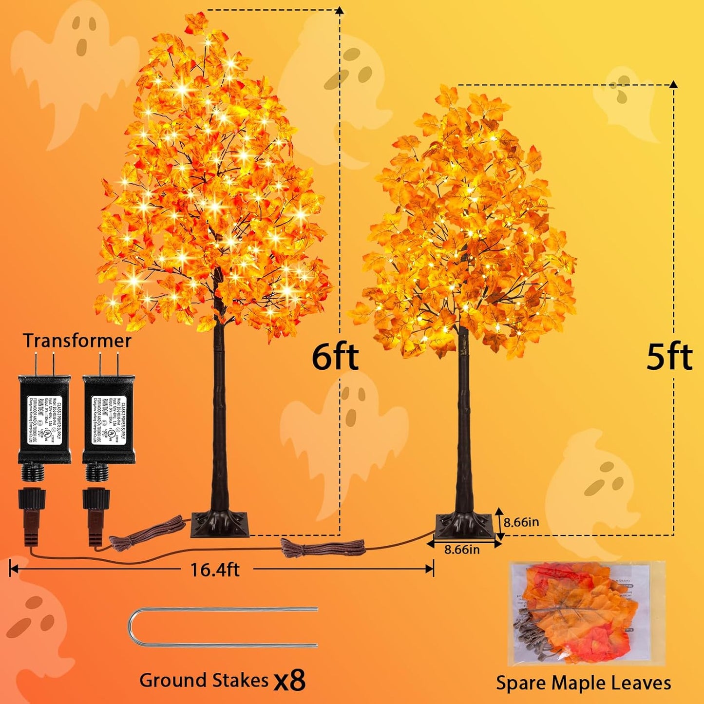 Set of 2 Artificial Lighted Maple Tree (5FT 96LED & 6FT 120LED) Fall Tree with Warm White Lights and Maple Leaves for Thanksgiving, Christmas, Autumn Harvest Outdoor Indoor Home Decorations