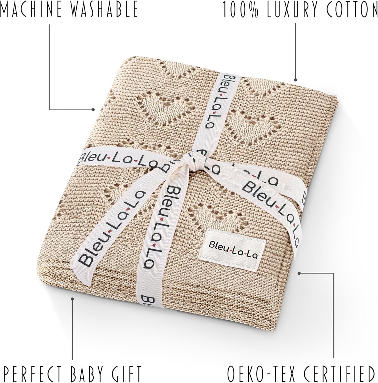 100% Luxury Cotton Heart Swaddle Knit Baby Blanket for Girls and Boys - Soft Warm Cozy Swaddling Receiving Stroller Crib Blanket for Newborns Infants & Toddlers (Oatmeal, 0-2 Years)