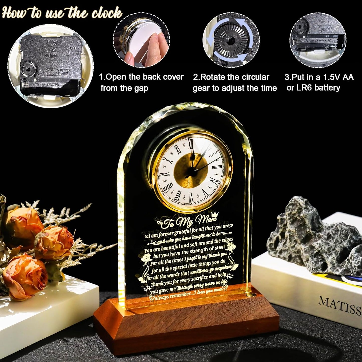 Glass Clock Gifts for Mom from Daughter Son with Wooden Light Base, Personalized Gift for Mom Who Has Everything on Birthday Mother's Day, Present for Mother on Christmas Home Desk Clock
