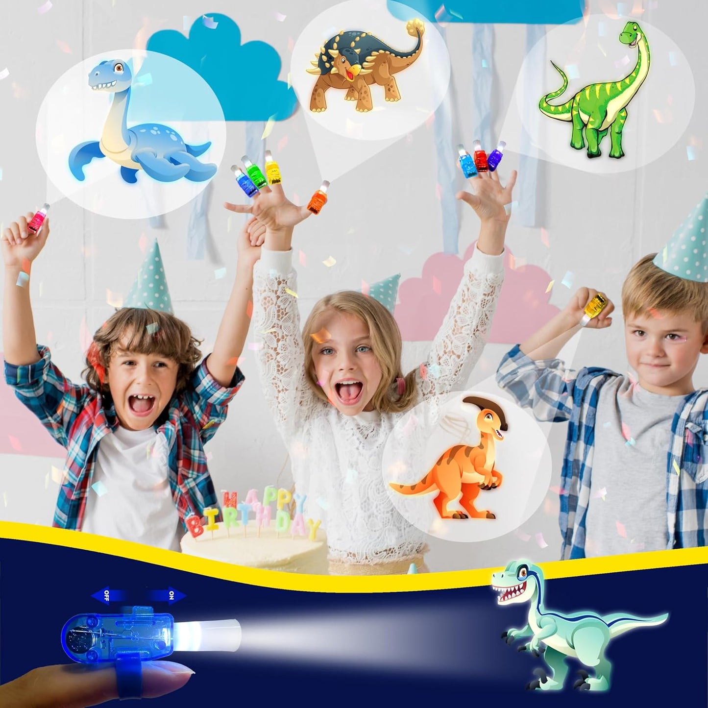 24PCS Dinosaur Party Favors-LED Finger Lights:Glow-in-the-Dark Light-Up Toys Bulk for Kids Boys Girls,Dino Birthday Party Decorations Supplies, Party Goodie Bags, Classroom Prizes, Fun Gifts
