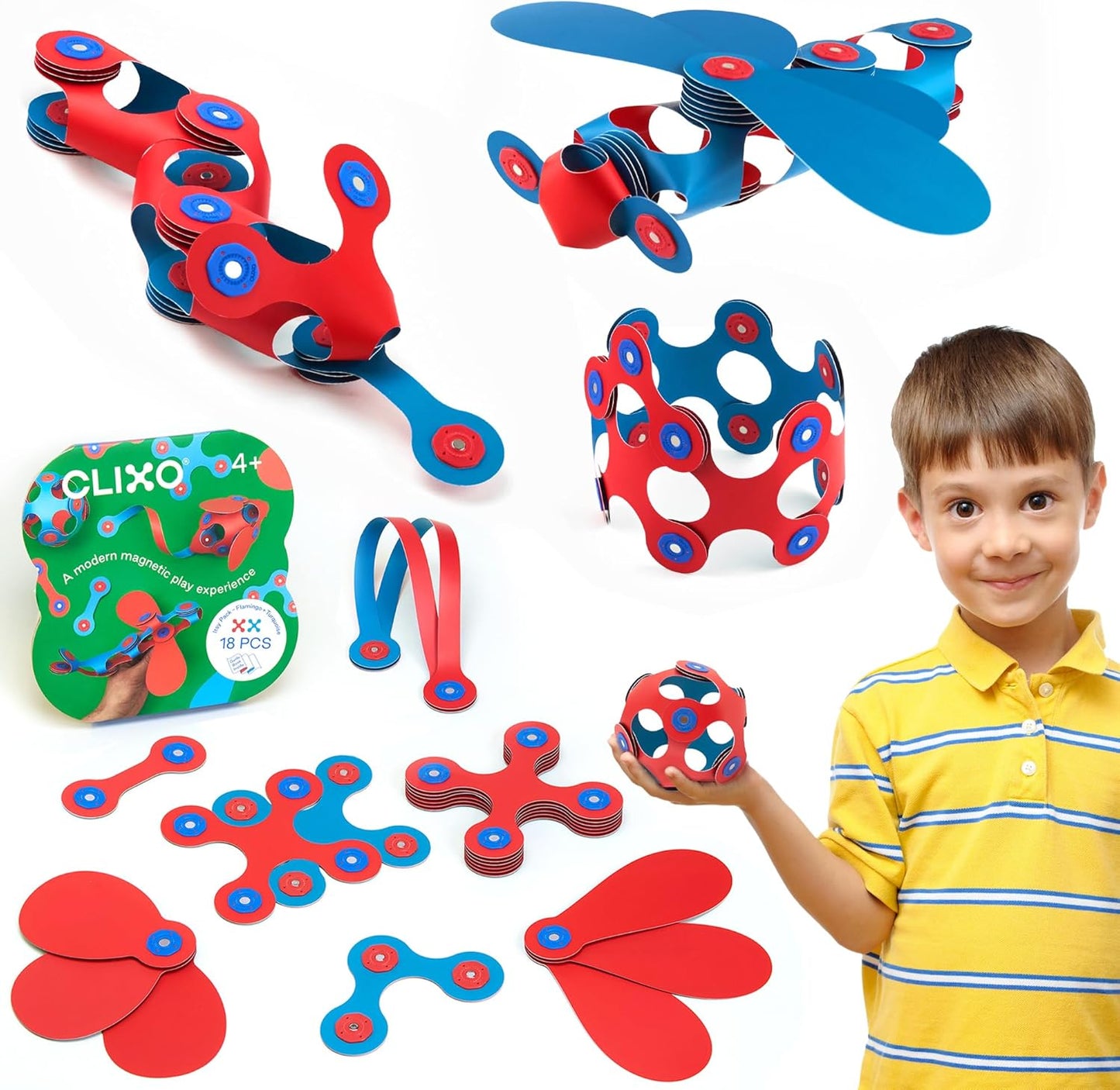 Clixo Itsy Magnetic Toy for Kids - Flexible, Durable, Imagination-Boosting Magnet Building Toy. Educational Multi-Sensory STEM Experience. Great as a Travel Game. Ages 4-99. 18 Piece Pack
