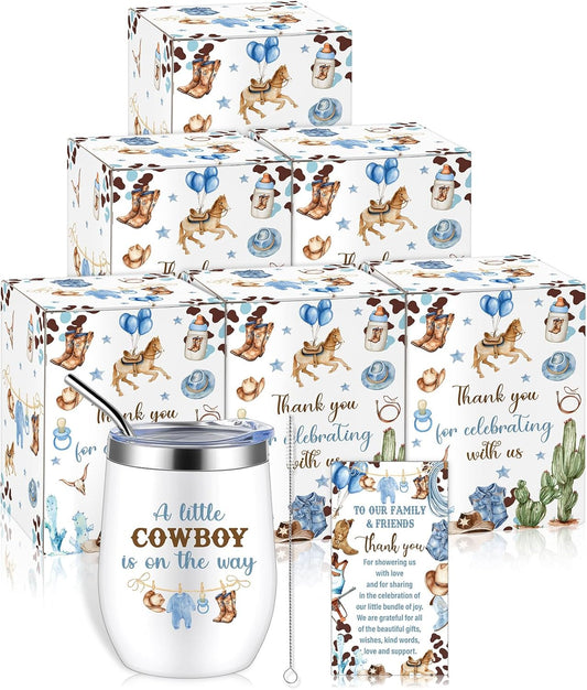 Hoolerry 6 Set Baby Shower Game Prizes for Guests Winners 12 oz Insulated Stainless Steel Tumbler Cup with Lids, Straws, Cleaning Brush, Cards & Boxes Return Gifts(Blue-brown,Cowboy)