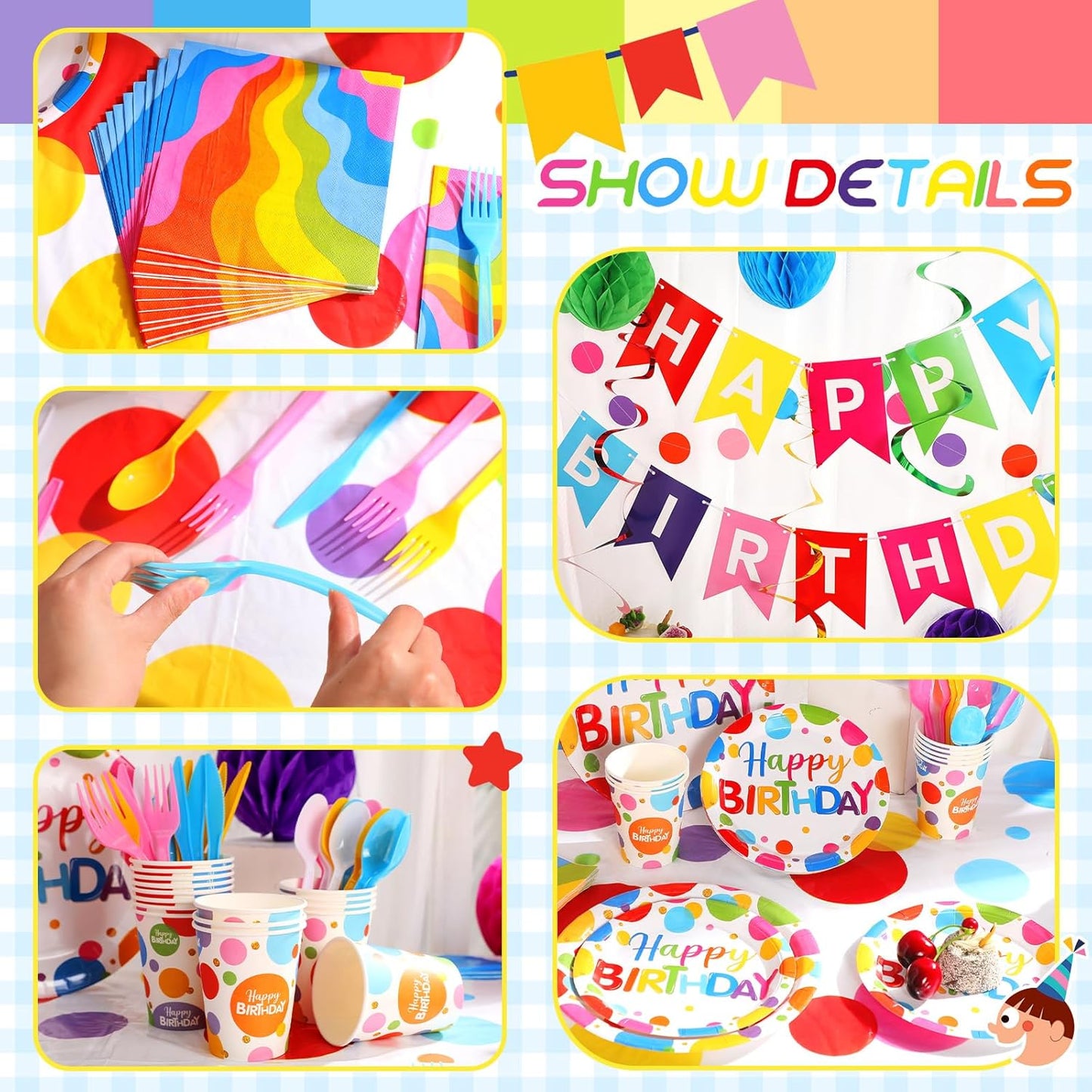 Zhehao Serves 129 Pcs Happy Birthday Party Supplies Set with Plates Napkins Cups Cutlery Rainbow Dot Birthday Decorations Kit Banner Tablecloth Hanging Honeycomb Balls Garland for Birthday Party