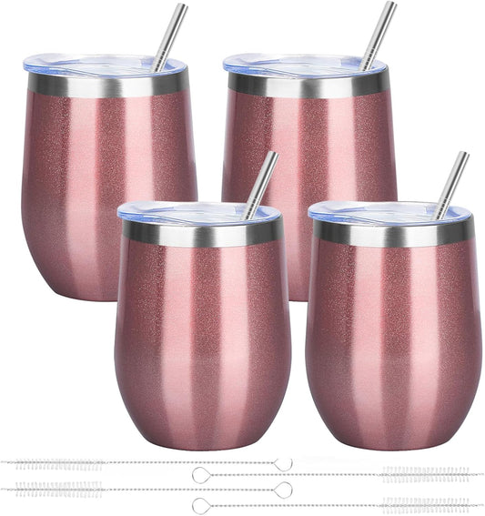 12oz/4 Pack Wine Tumbler Glasses with Lid Stemless Double Wall Vacuum Stainless Steel Travel Tumbler Keeping Cold & Hot for Wine,Coffee,Cocktails,Drinks-Family and Gifts(Rose gold)