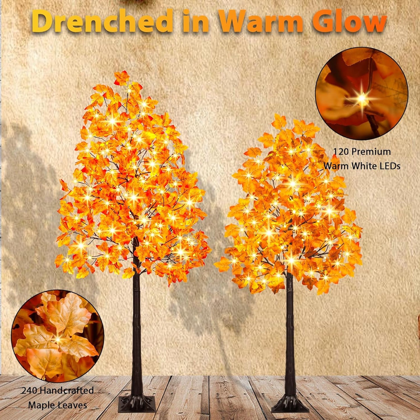 Set of 2 Artificial Lighted Maple Tree (5FT 96LED & 6FT 120LED) Fall Tree with Warm White Lights and Maple Leaves for Thanksgiving, Christmas, Autumn Harvest Outdoor Indoor Home Decorations