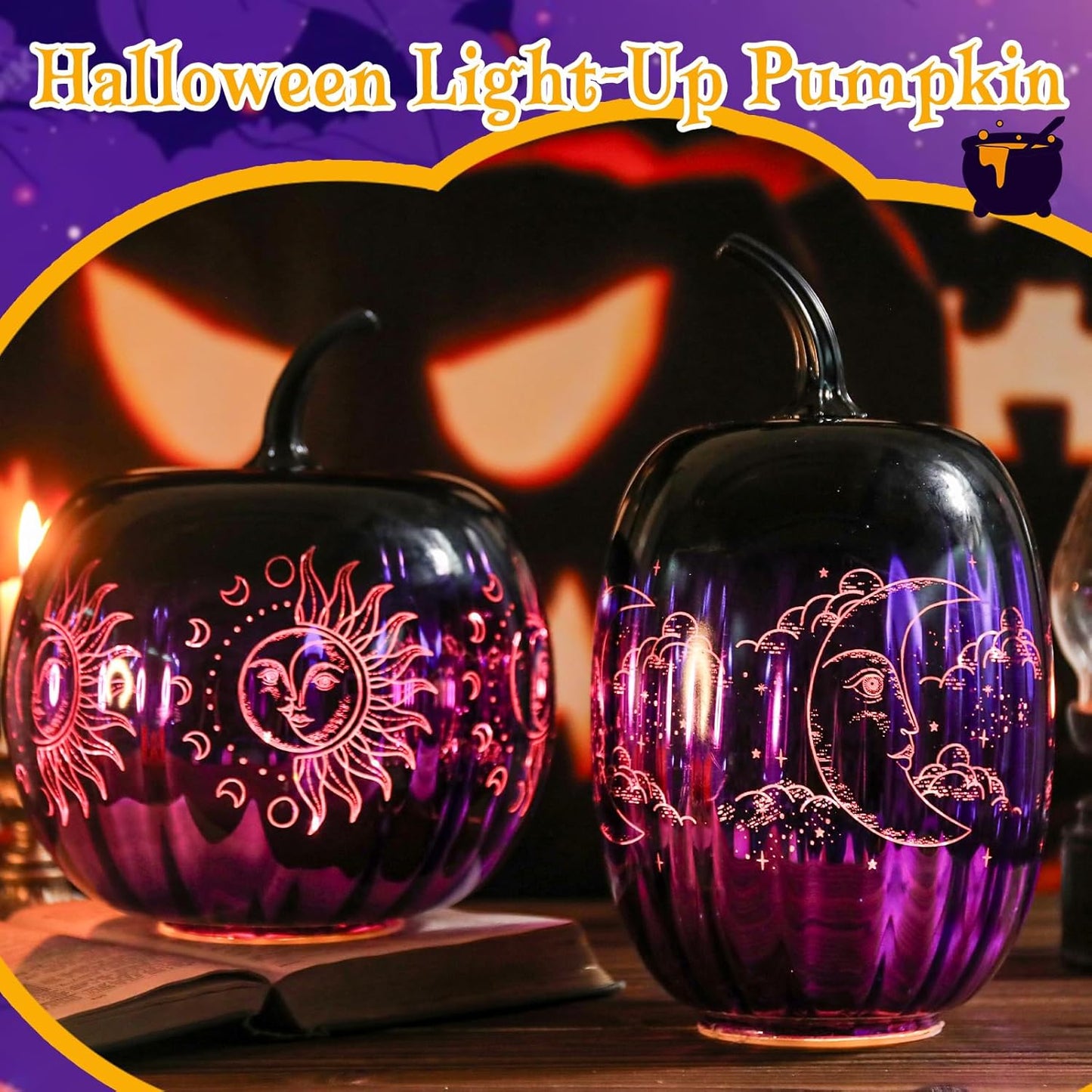Bdor Halloween Purple Glass Pumpkin Lights Set of 2 – Witchy LED Lighted Pumpkins with Moon & Sun Designs – Spooky Fall Decor for Tabletop, Mantel, or Party Centerpiece