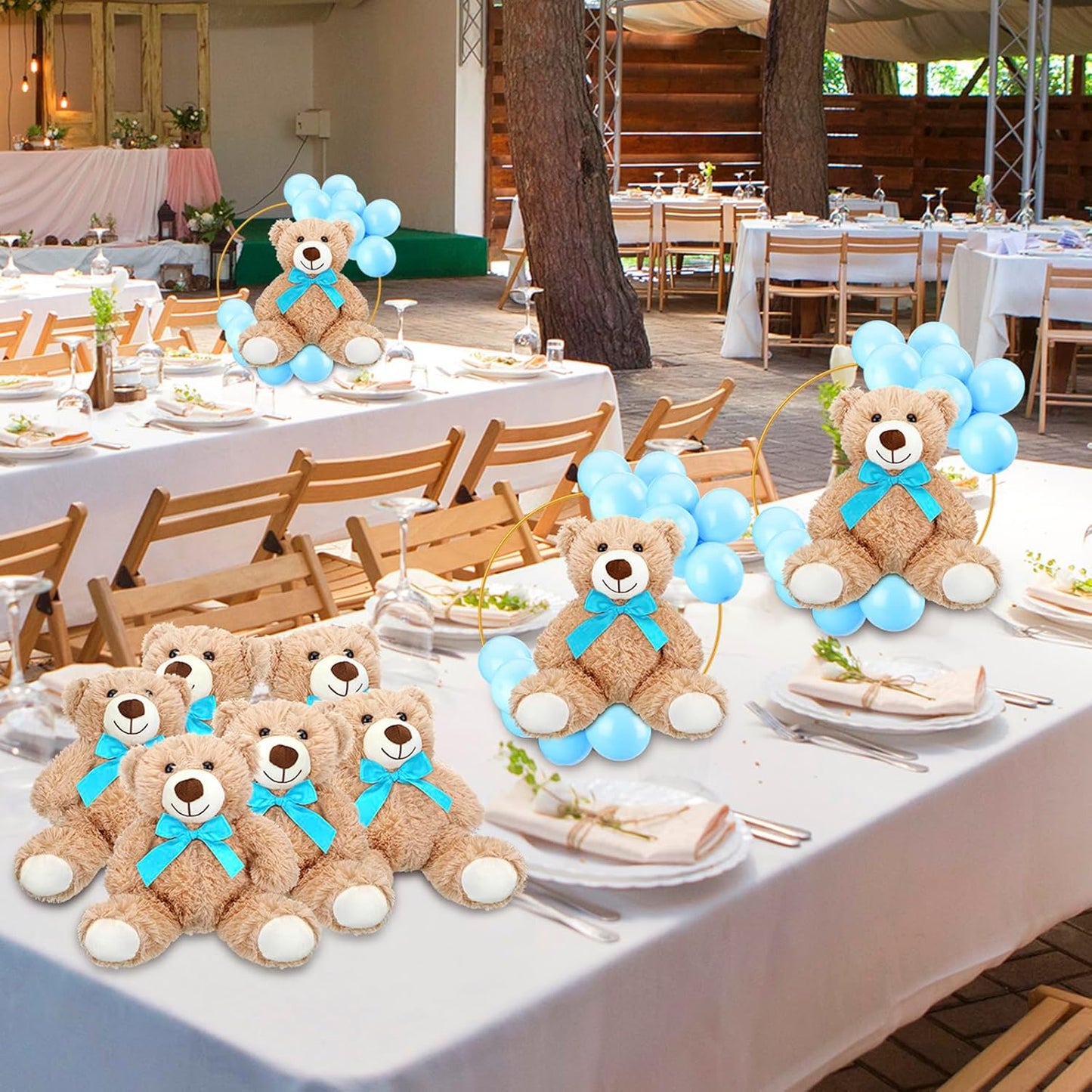 6 Sets Bear Baby Shower Table Centerpieces Bear Stuffed Animals 12 Inch Metal Floral Hoop with Stand Balloon for Wedding Baby Shower Birthday Flowers Table Decorations(Blue)