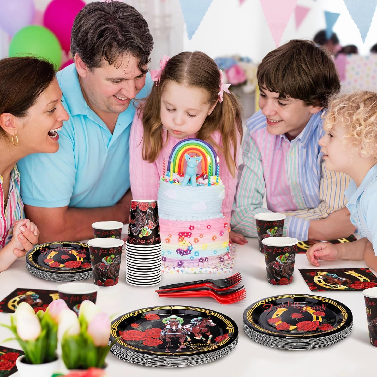 144 Pieces Horse Racing Party Tableware Sets Including Disposable Plates Napkins Cups Forks Serves 24 for Birthday Horse Theme Party Supplies