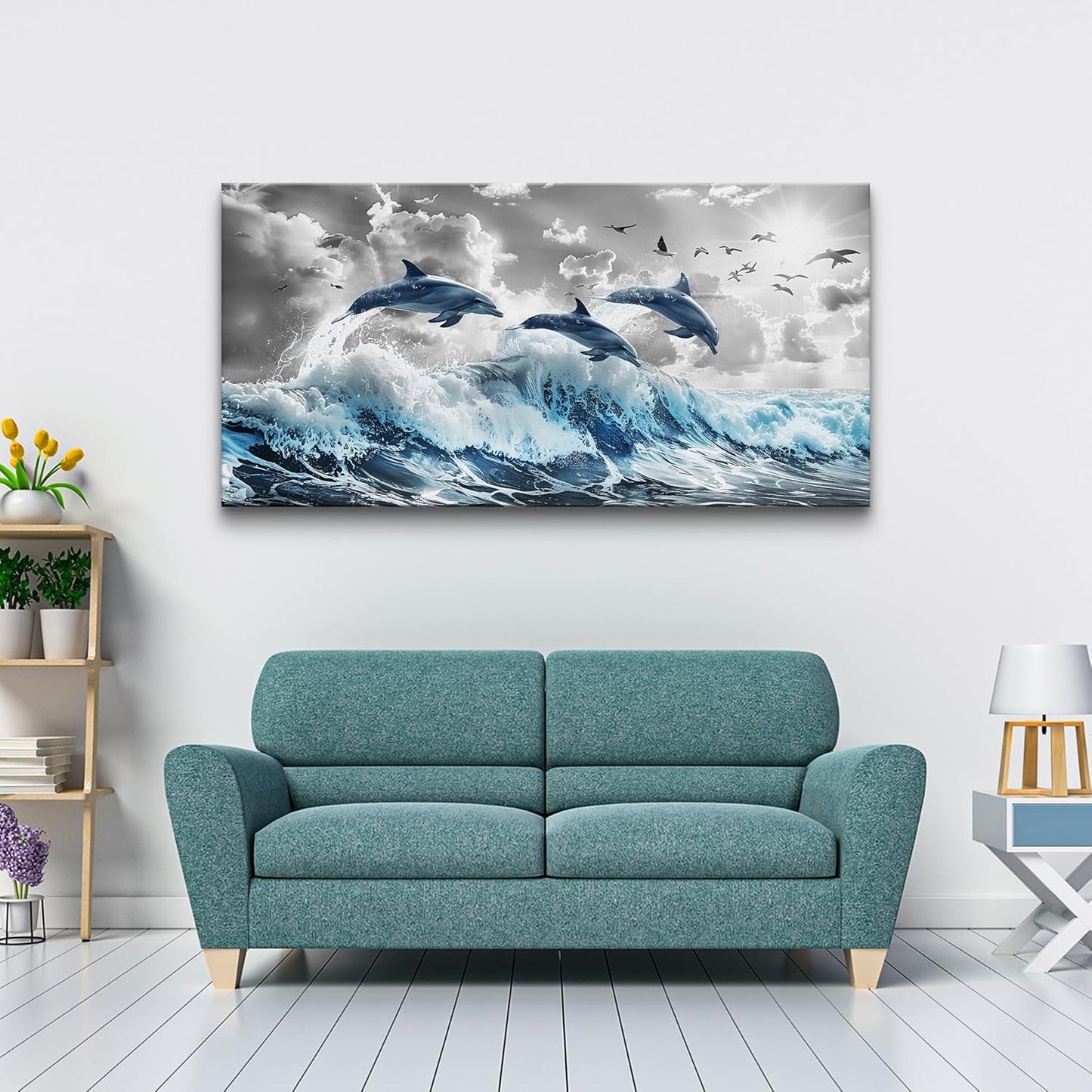 Wapluam Framed Canvas Wall Decoration For Living Room Large Wall Art For Bedroom Blue Waves Of The Sea Wall Pictures Artwork Fashion Office Canvas Art Prints Dolphins Seascape Paintings Home Decor