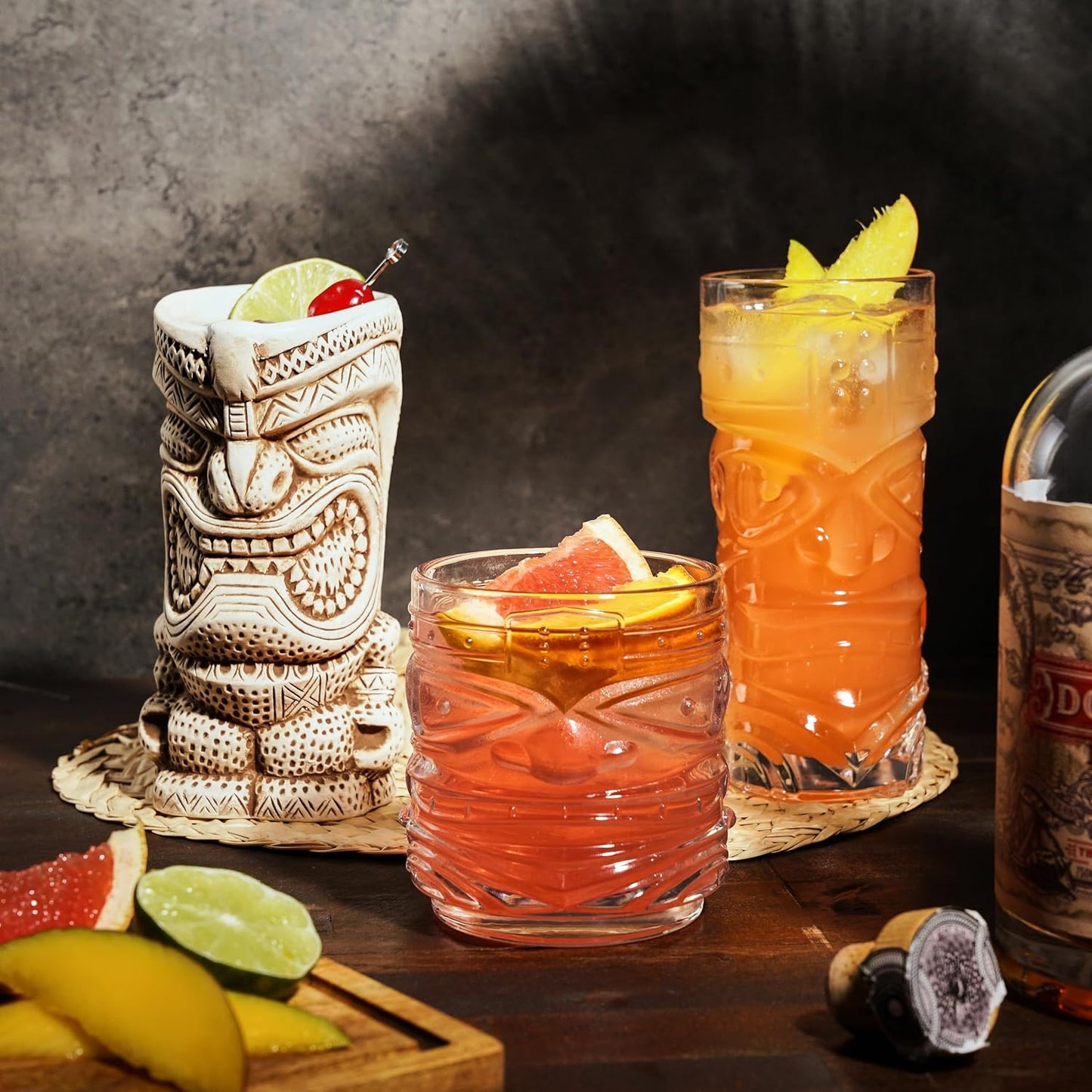 Viski Pacific Tiki Glasses Stackable Lowball DOF Tumblers, Tropical Cocktail and Bar Gifts for Rum and Whiskey, 12 Oz, Set of 2