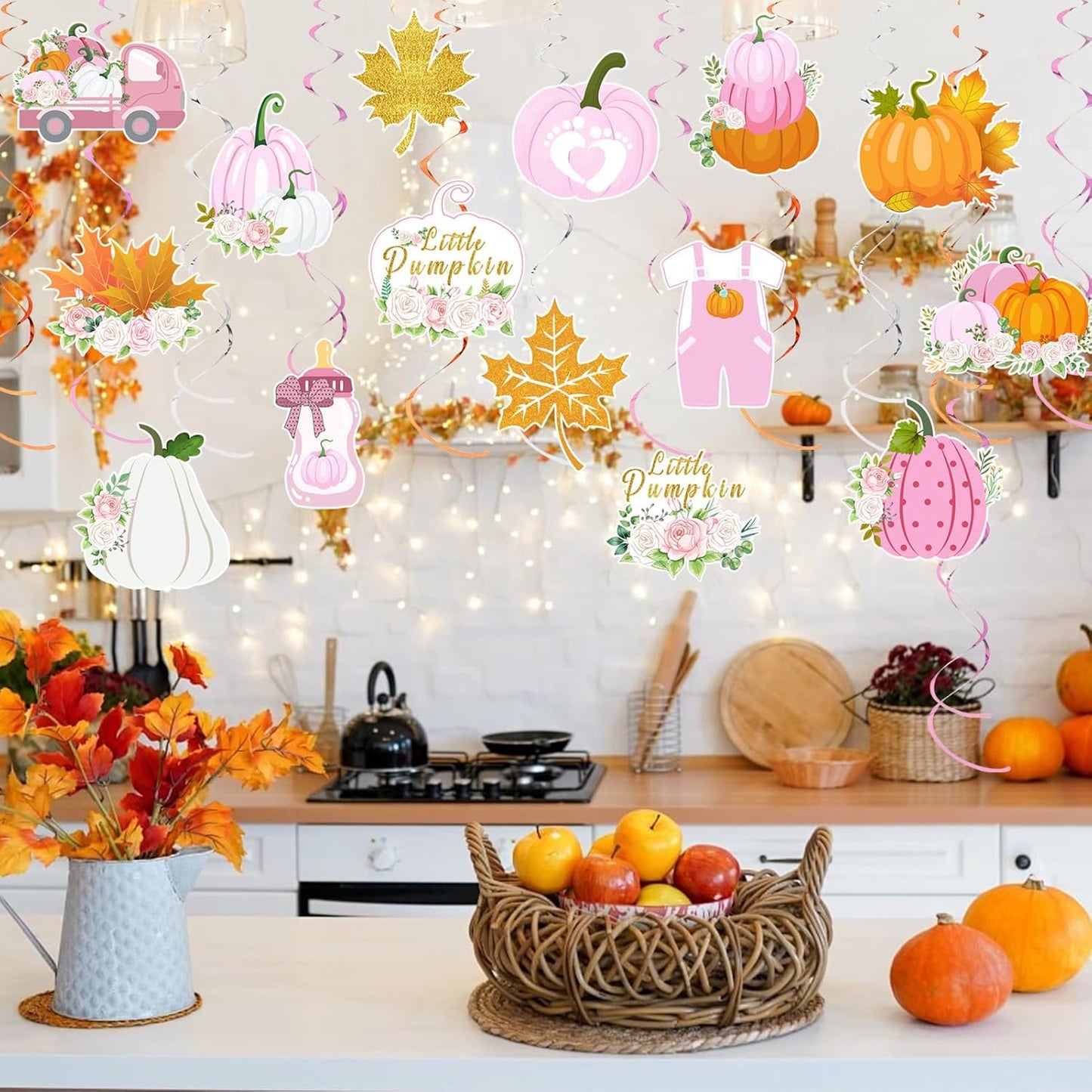 36pcs Thanksgiving Little Pumpkin Party Hanging Swirls Decor,Pink Girl Little Pumpkin Thankgiving Hanging Swirls, Fall Themed Maple Leaf Pumpkin Truck Ceiling Swirl for Birthday Decorations