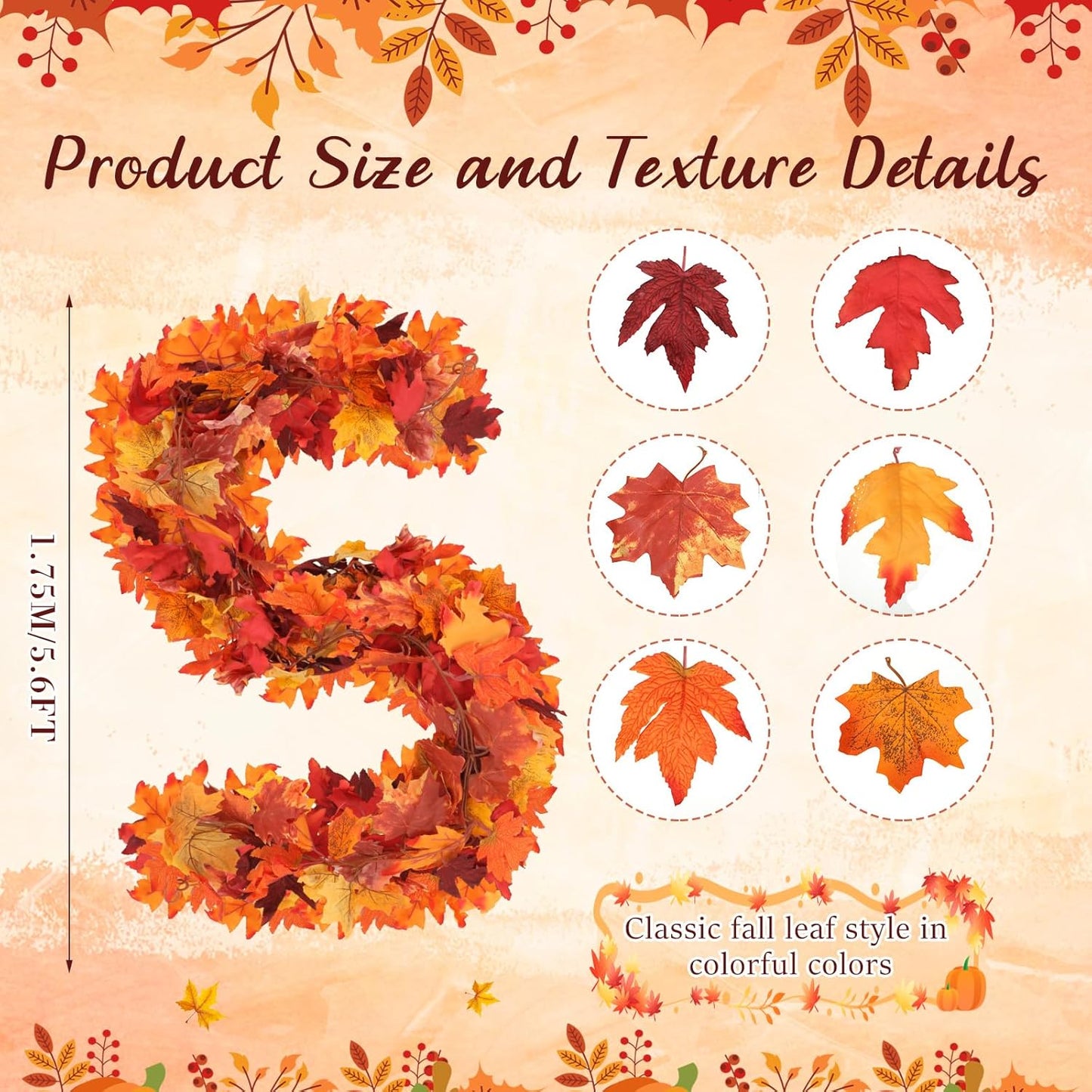Retrowavy 20 Pack Fall Leaves Garland Bulk 5.6ft Artificial Maple Leaf Garland Christmas Faux Autumn Garland Vine Fake Hanging Table Decoration for Fireplace Thanksgiving Party Outdoor(Orange, Orange)