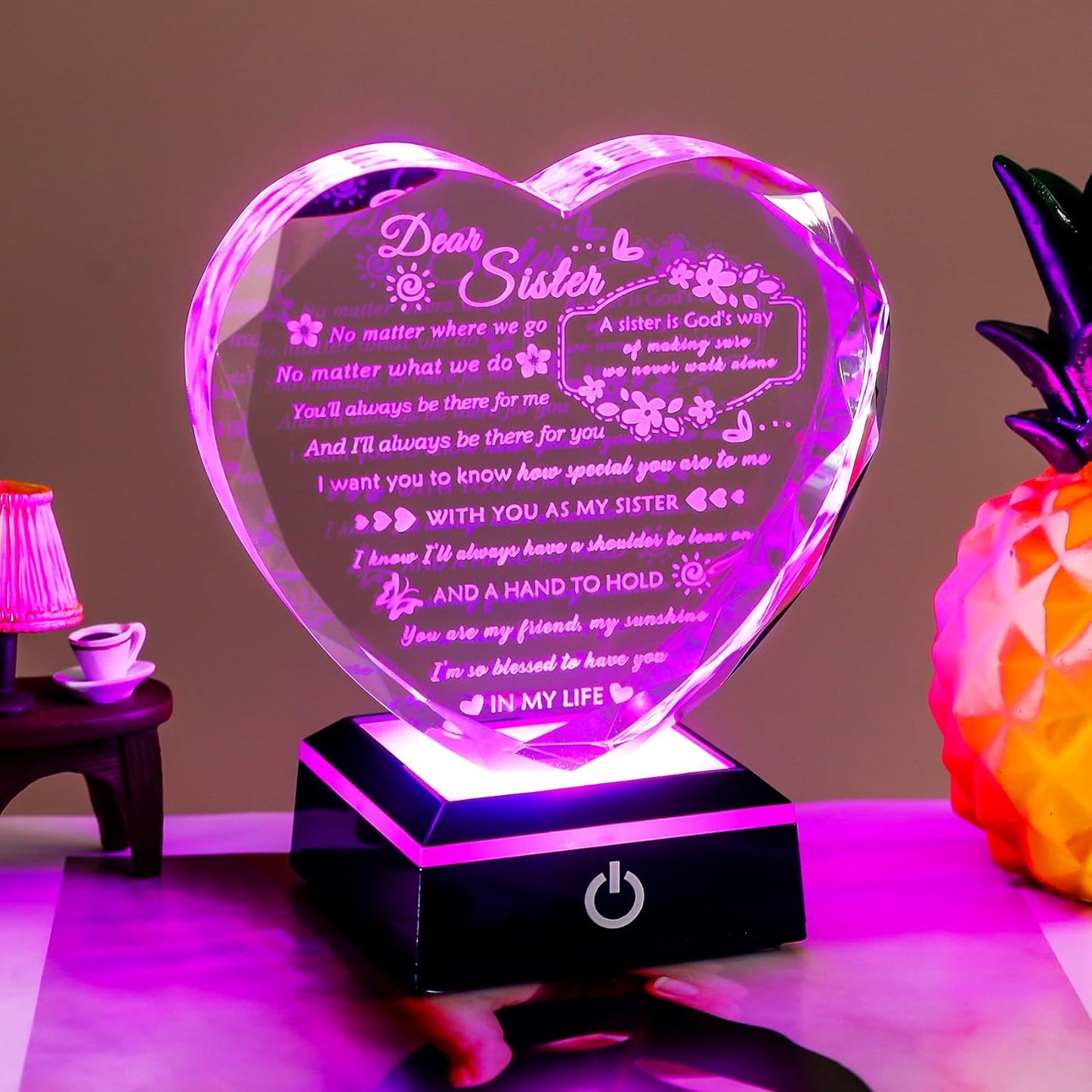 YWHL Sister Birthday Gifts from Sister Brother To My Sisters Crystal Heart Keepsake with Colorful Light Base Sister Gifts for Women for Christmas Mother's Day