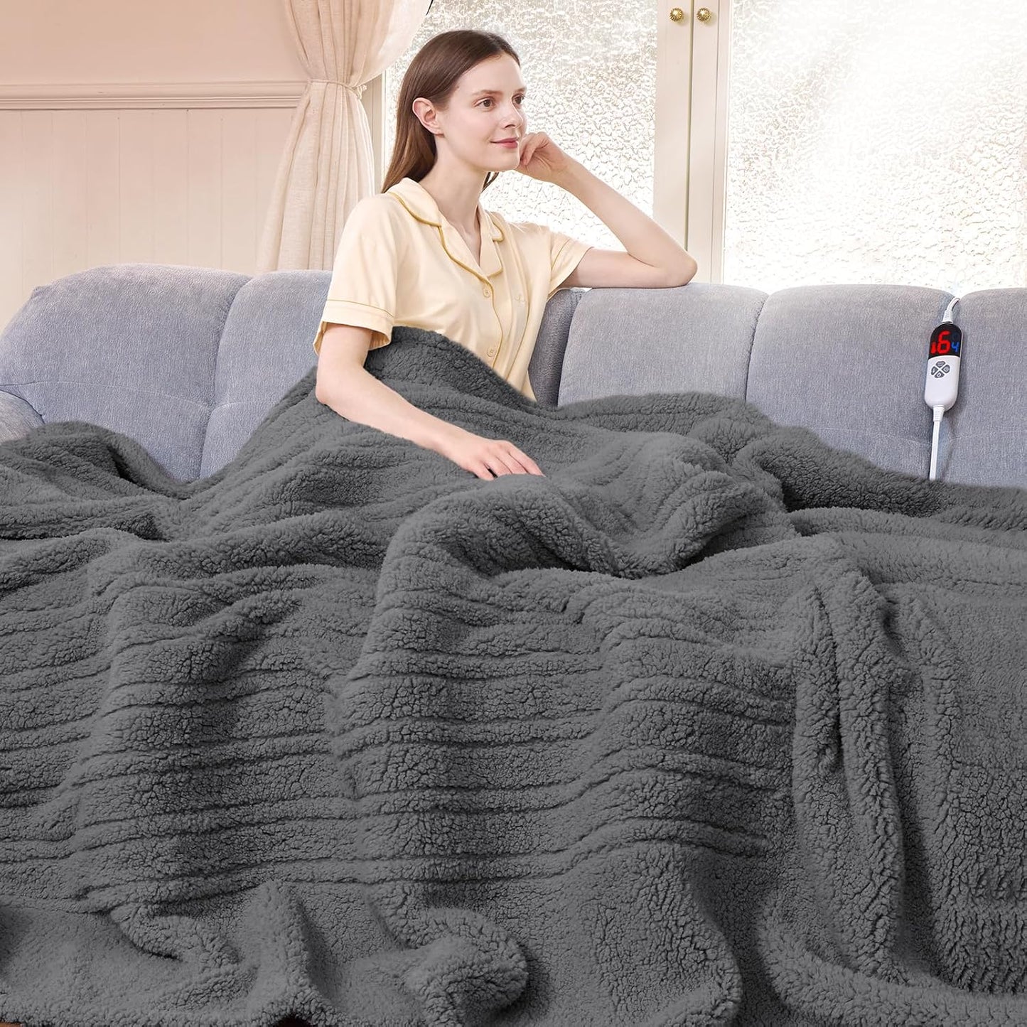 Heated Blanket Full Size 72"X84" Grey - Soft Double Sided Sherpa Electric Blanket Full Size with LED Display, 6 Heating Levels & 10 hrs Timer, Machine Washable & Fast Heating, Gift for Women