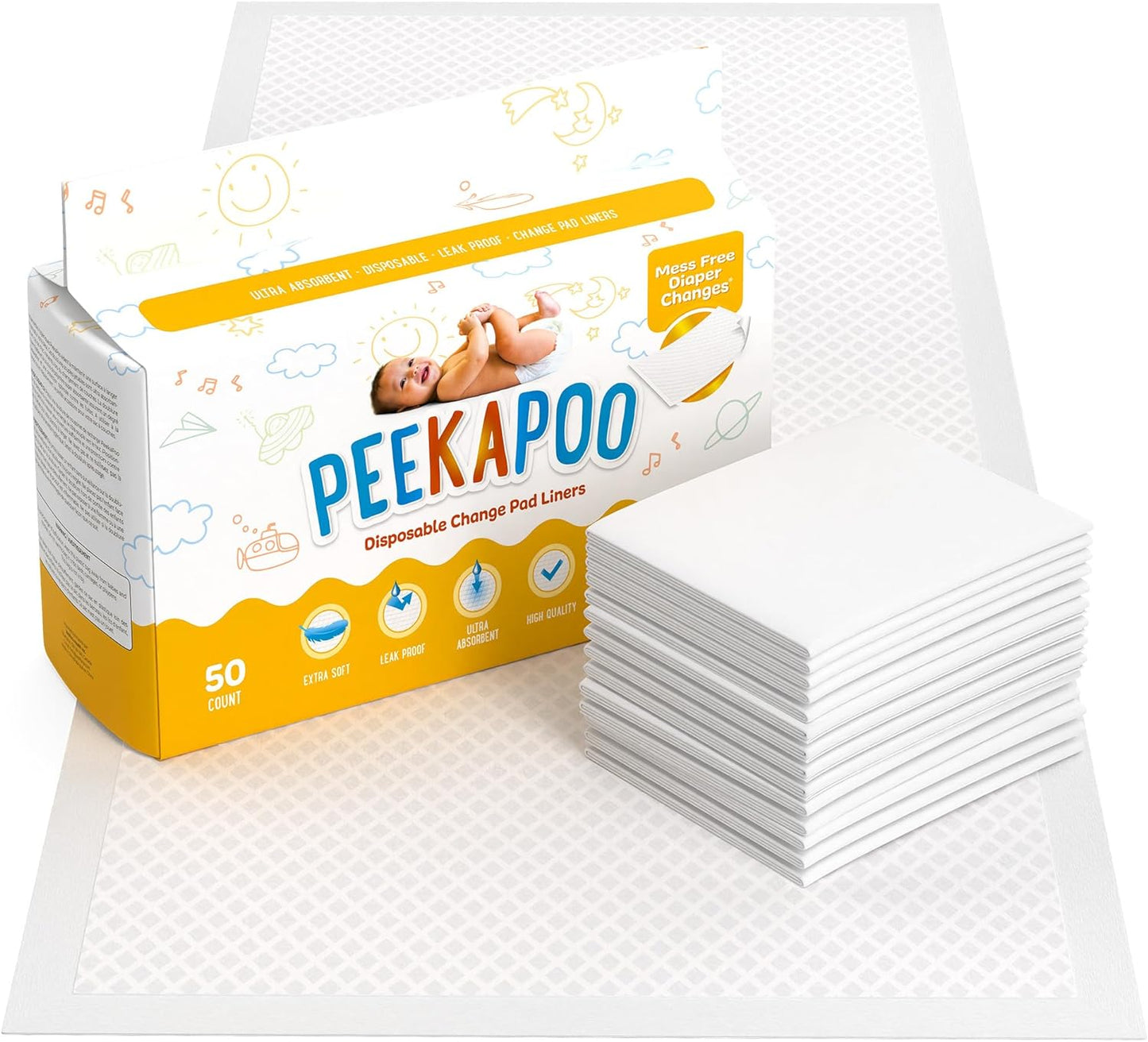 Peekapoo - Disposable Changing Pad Liners (100 Pack) Super Soft, Ultra Absorbent & Waterproof - Covers Any Surface for Mess Free Baby Diaper Changes