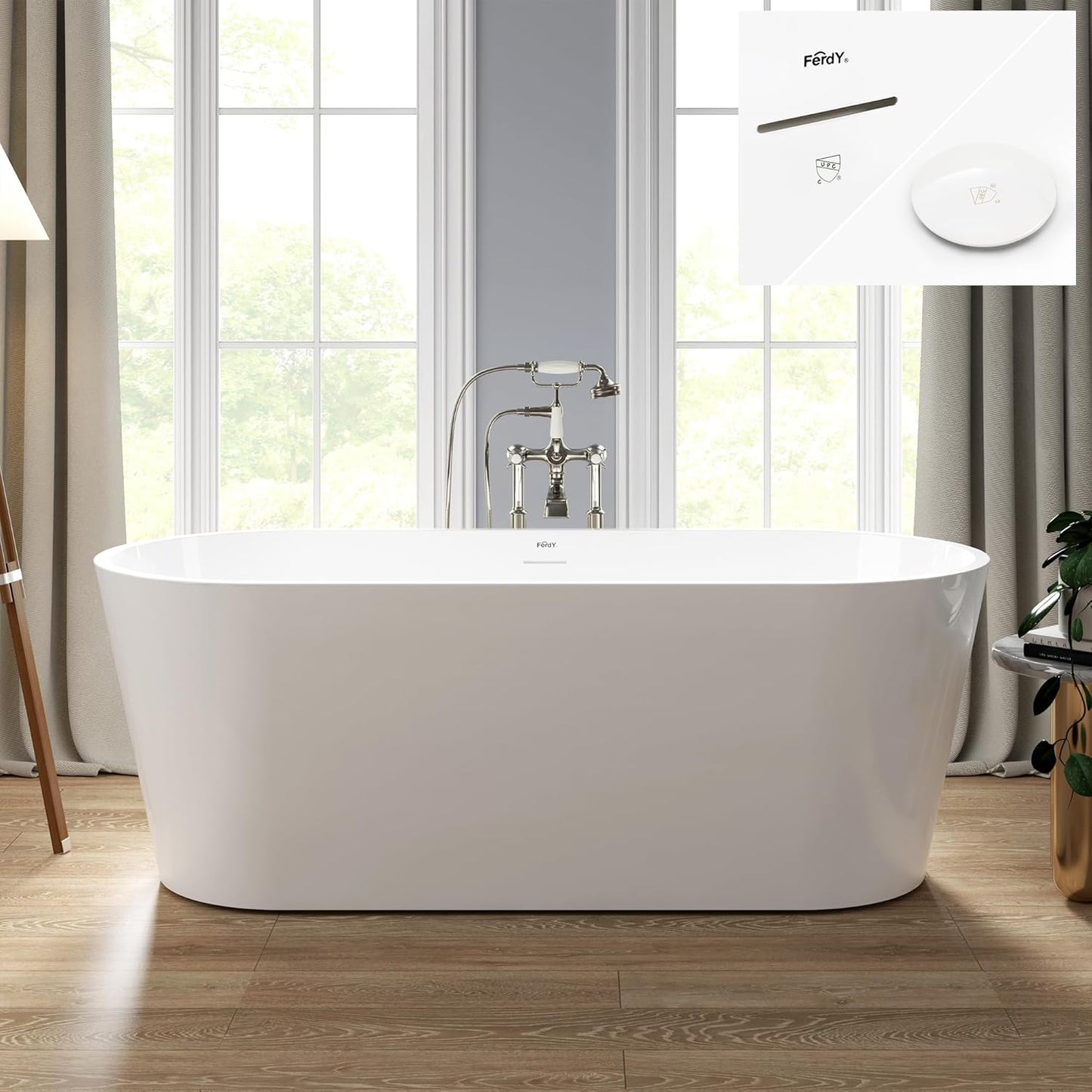 FerdY 67" Shangri-La Elite, Acrylic Freestanding Bathtub, Modern & Contemporary Design Soaking Tub with Polished White Drain Pop-Up Drain and Minimalist Design Overflow, cUPC Certified