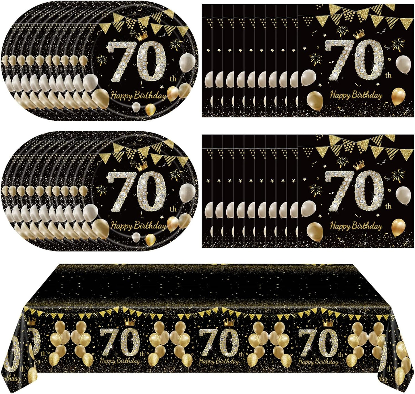 41Pcs 70th Birthday Decorations for Men Women, Black Gold 70 Year Old Birthday Party Supplies Include 20 Plates 20 Napkins and 1 Tablecloth, Black Gold 70 Aged Birth Party Tableware