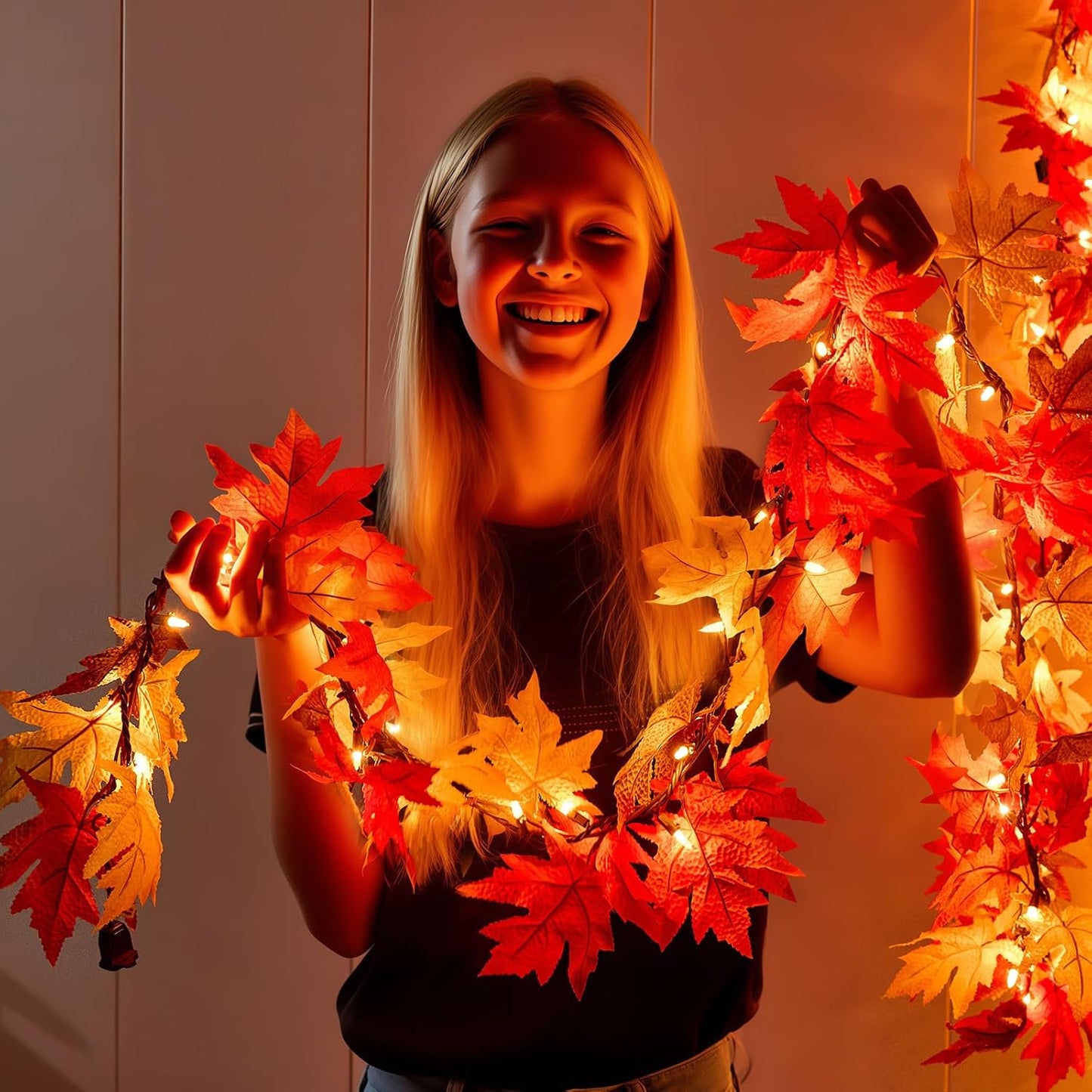 9FT Fall Decorations for Home Large Leaves Fall Garland with Lights Plug in 50 Bulbs Connectable Thanksgiving Garland String Lights for Outdoor Indoor Harvest Fireplace Fall Decor(1 Pack)