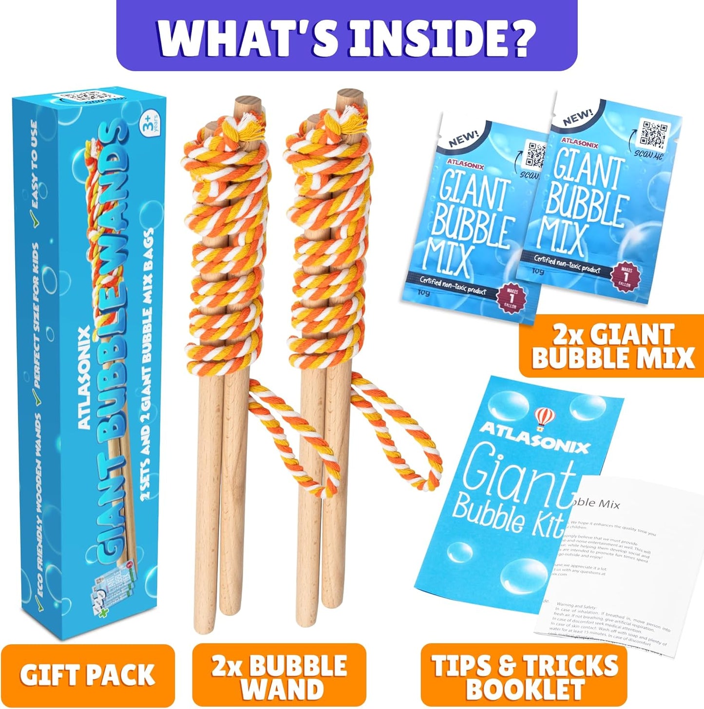 Giant Bubble Wand, Big Bubble Wand, Huge Rope, 2 Pack Giant Bubble Wooden Wands & 256 Ounces Bubble Mix Concentrate Refill, Party Outdoor Summer Toys Activities for Kids Boys and Girls Kit