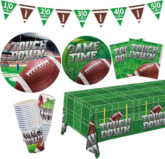 Football Party Supplies Kit Serve 25, Includes Disposable Dinner Plates, Dessert Plates, Napkins, Cups,and Football Tablecloth, Football Birthday Party Tailgate Party Decorations