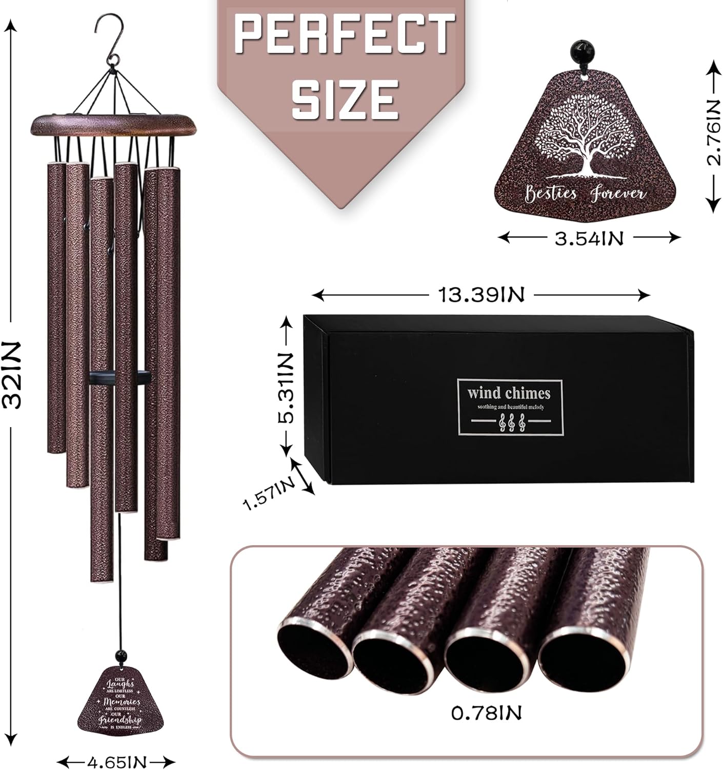 Best Friend Birthday Gifts for Women Wind Chimes 32", Friendship/Bestie Gifts for Women, Christmas/Mothers/Valentines Day/Graduation Birthday Gift for Best Friend Woman/BFF/Soul Sister/Bestie