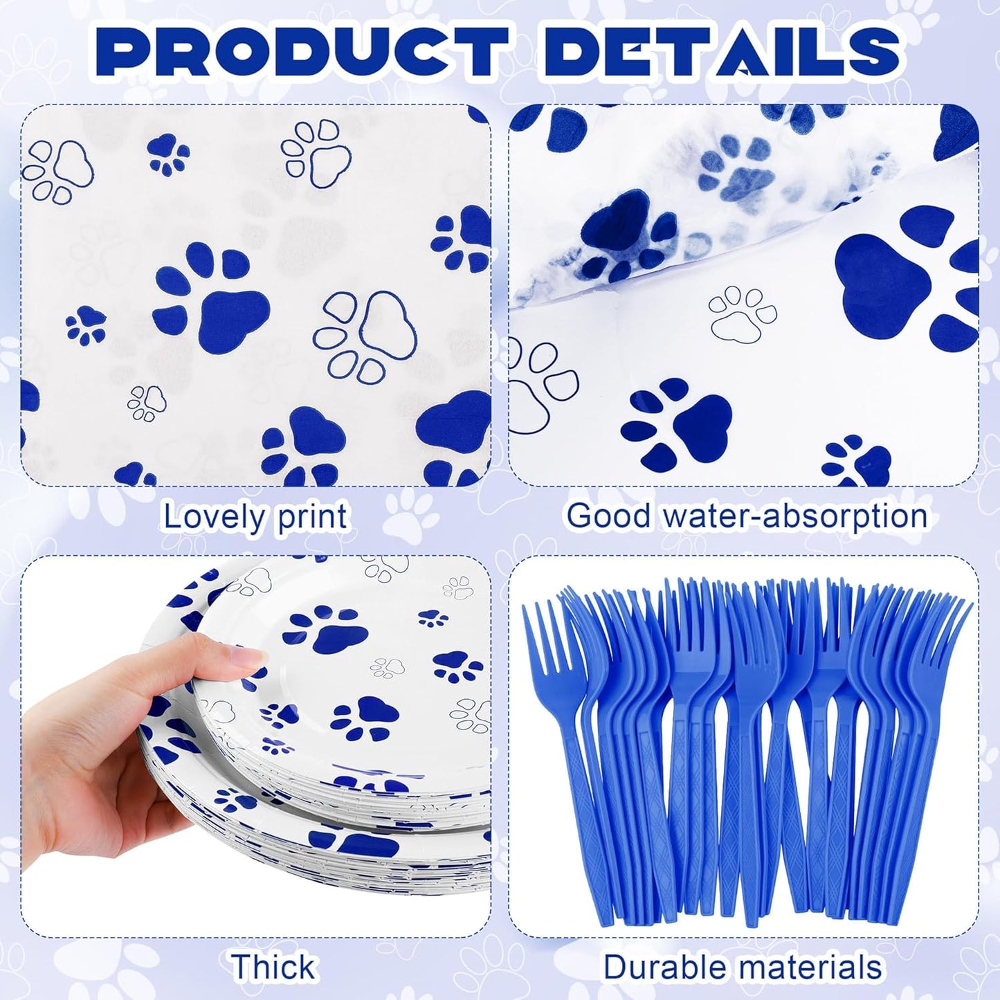 144 Pieces Blue Paw Print Party Tableware Sets Including Disposable Plates Napkins Cups Forks Serves 24 for Dog Puppy Theme Party Supplies