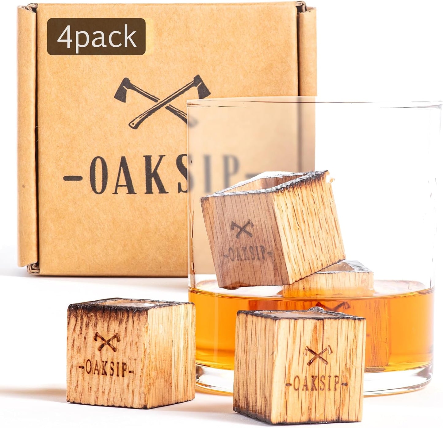 Wooden Bourbon and Whiskey Stones Set | Bourbon Gifts for Men, Real Oak & Charred Like A Whiskey Barrel | Great Whisky Gifts for Husband Dad or Brother for Men Who Have Everything