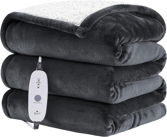 HYLEORY Heated Throw Blanket, Flannel Electric Blanket with 4 Hrs Timer, Auto-Off & 3 Heating Levels, Sherpa, Dark Grey, 62"x84"