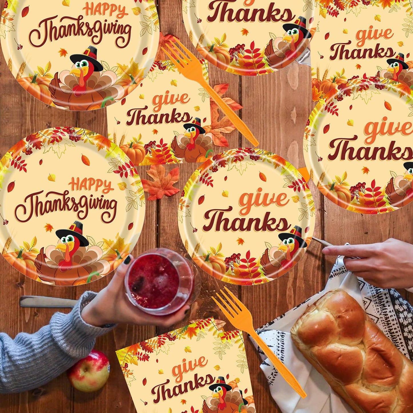 Fall Thanksgiving Party Supplies 96 Pcs Turkey Paper Plates, Napkins, Forks - Pumpkin Autumn Disposable Tableware Set for Harvest Party Decorations