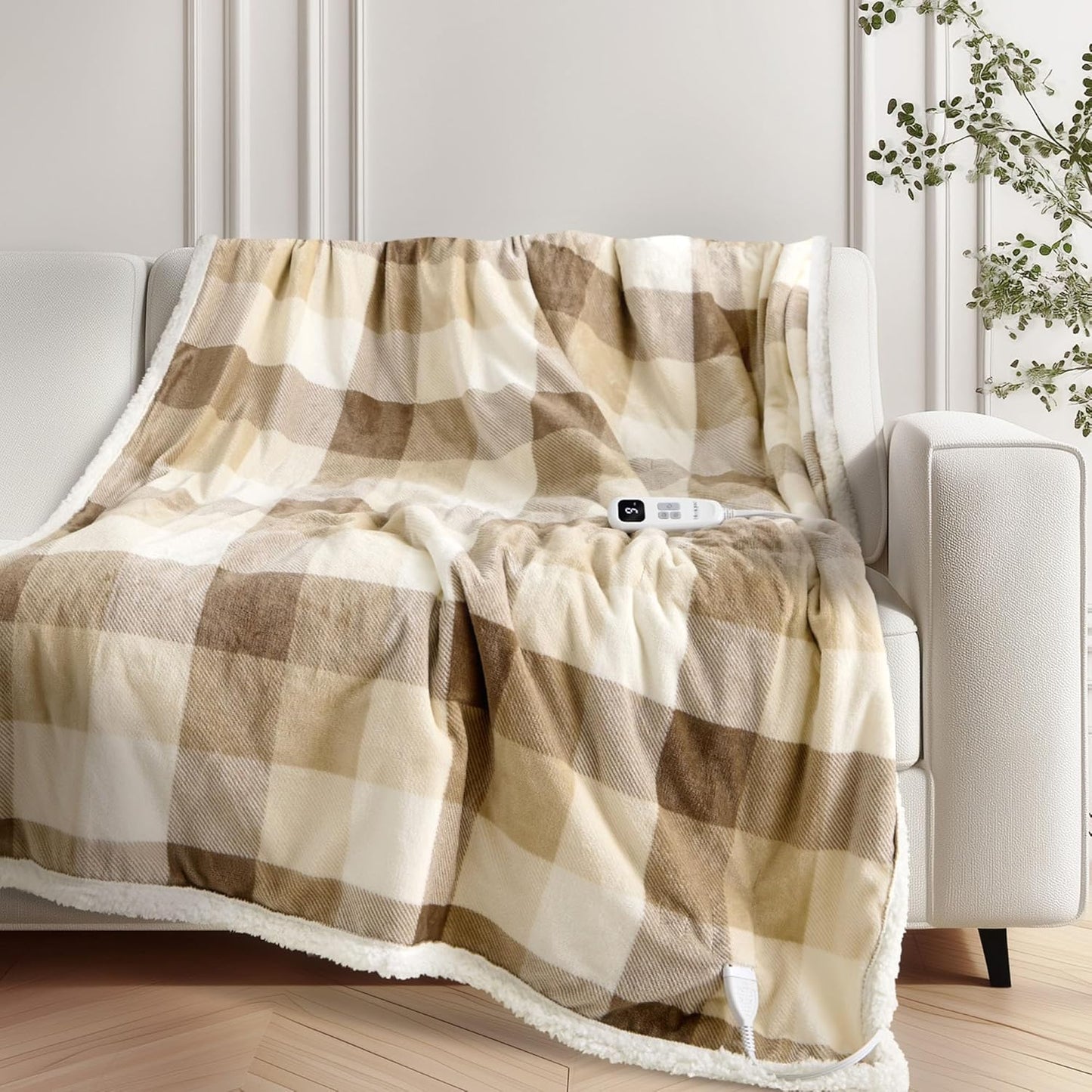 Heated Blanket Electric Throw-50''x60''Ultra Soft Cozy Plaid Flannel Fast Heating Electric Blanket with 10 Heat Levels & 10 Hours Auto Off, ETL Certified, Keep Warm in Couch Bed Office(Khaki)