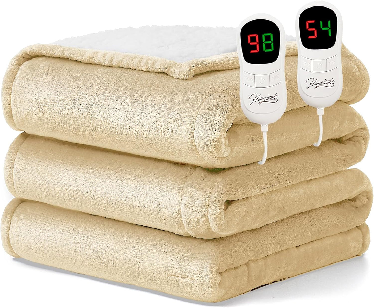 Homemate Electric Heated Blanket King Size - 100"x90" Heating Blanket King Size Dual Control 1/2/4/6/8 Hours Auto-Off 10 Heat Level Over-Heat Protection Flannel Sherpa ETL Certification