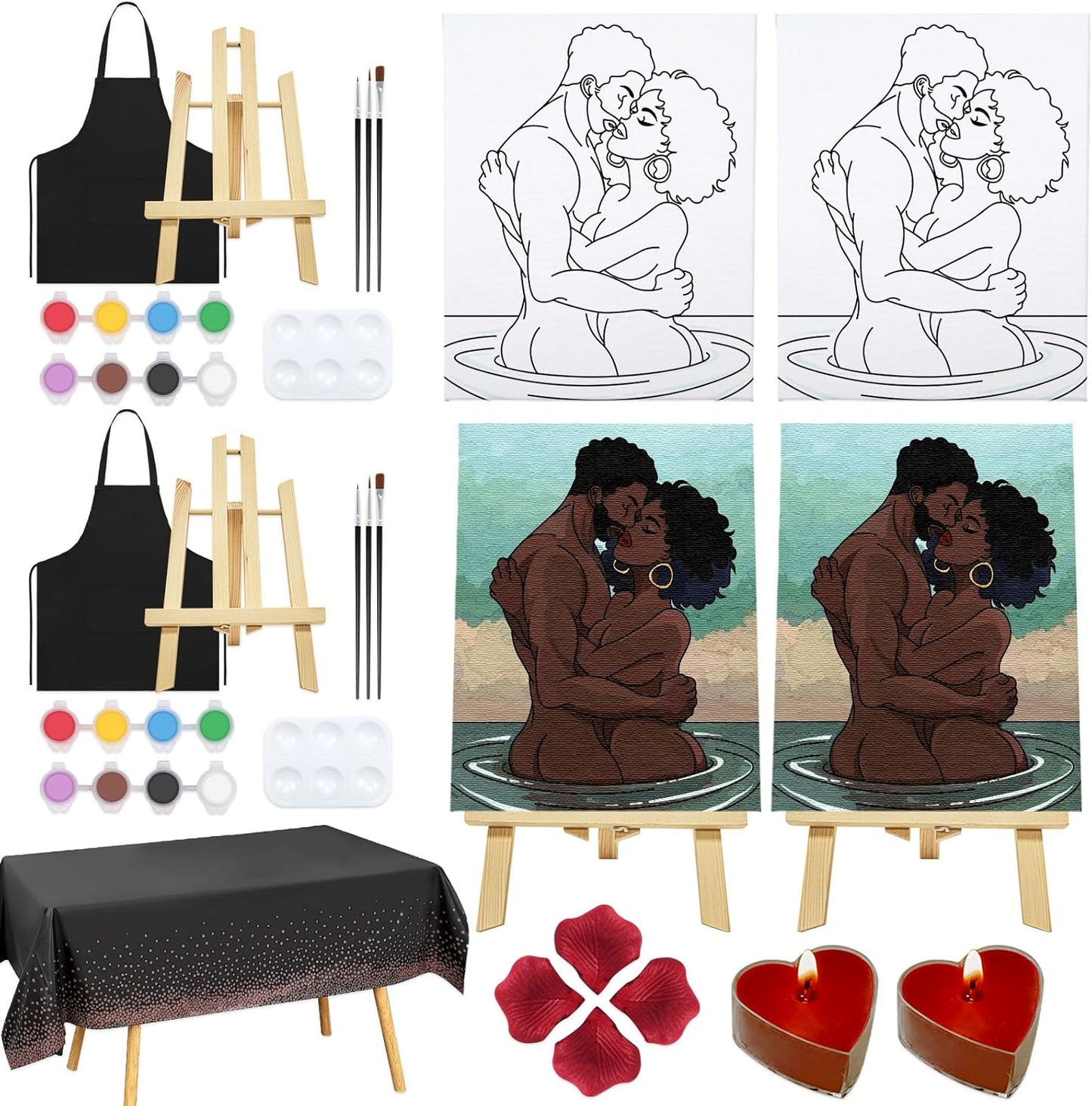 Nuberlic Date Night Painting Kit for Couples Sip and Paint Kit for Adults Couples Pre Drawn Canvas to Paint for Adults Valentines Kissing Love Theme 2 Pack 8" X 10"