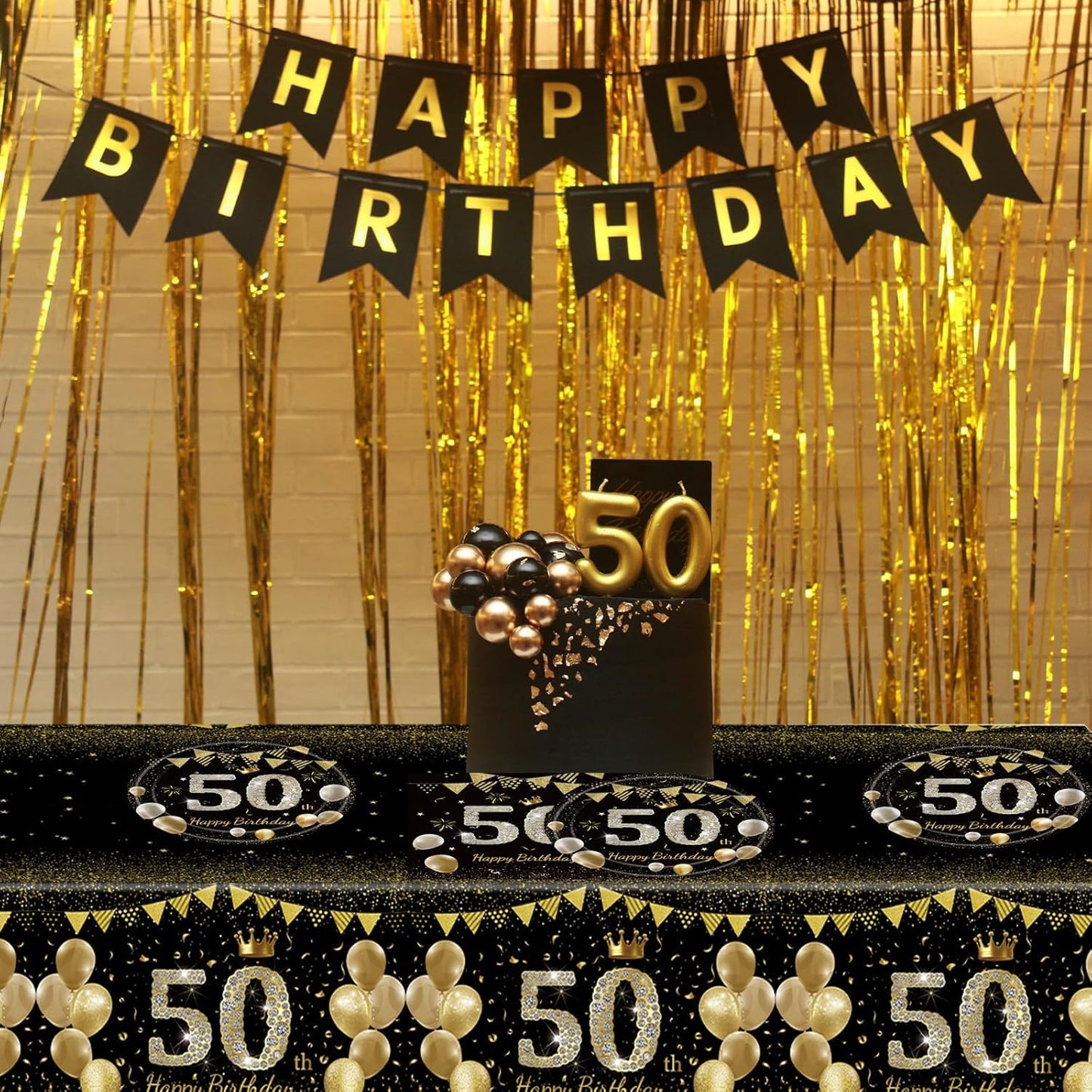 41Pcs 50th Birthday Decorations for Men Women, Black Gold 50 Year Old Birthday Party Supplies Include 20 Plates 20 Napkins and 1 Tablecloth, Black Gold 50 Aged Birth Party Tableware