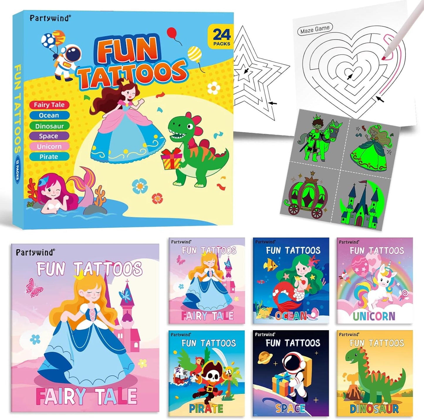 576PCS Glow Temporary Tattoos for Kids, 24 Pack Party Favors with Luminous Tattoos & 48 Maze Games, Mixed Tattoo Styles for Boys and Girls, Kids Birthday Goodie Bag Stuffers
