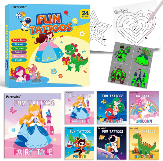 576PCS Glow Temporary Tattoos for Kids, 24 Pack Party Favors with Luminous Tattoos & 48 Maze Games, Mixed Tattoo Styles for Boys and Girls, Kids Birthday Goodie Bag Stuffers