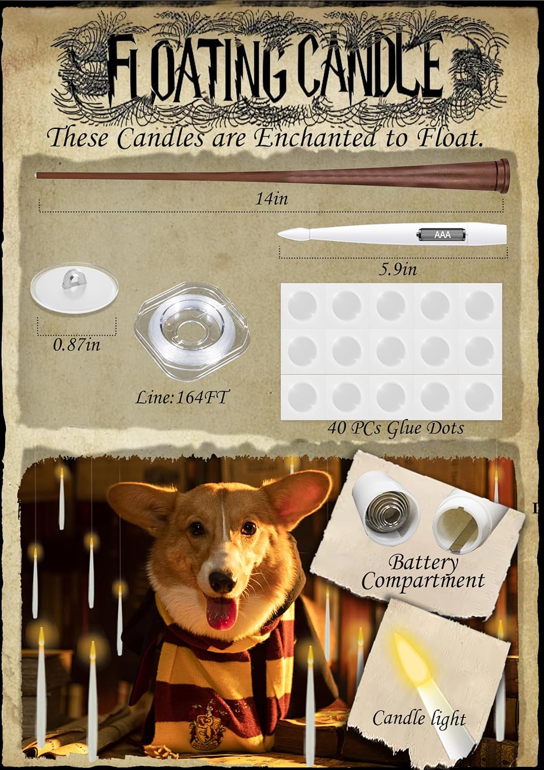 Halloween Decorations, 20 PCs Floating Candles with Wand Magic Hanging Candles, Flickering Warm Light Flameless Floating LED Candle with Wand Remote, Battery Operated Taper Candle Set for Theme Party