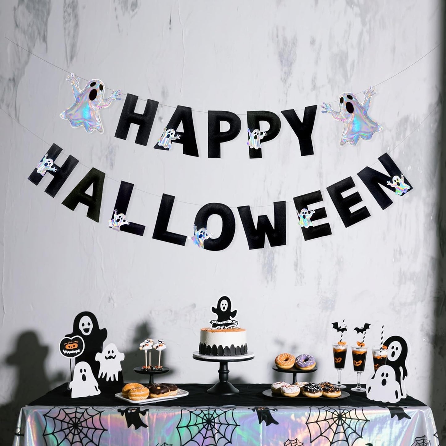 Halloween Decorations Pre-Strung Handmade Felt Happy Halloween Sign Iridescent Ghost Banner for Spooky Ghost Nursery Home Wall Decor Birthday Baby Shower Party Decorations Supplies