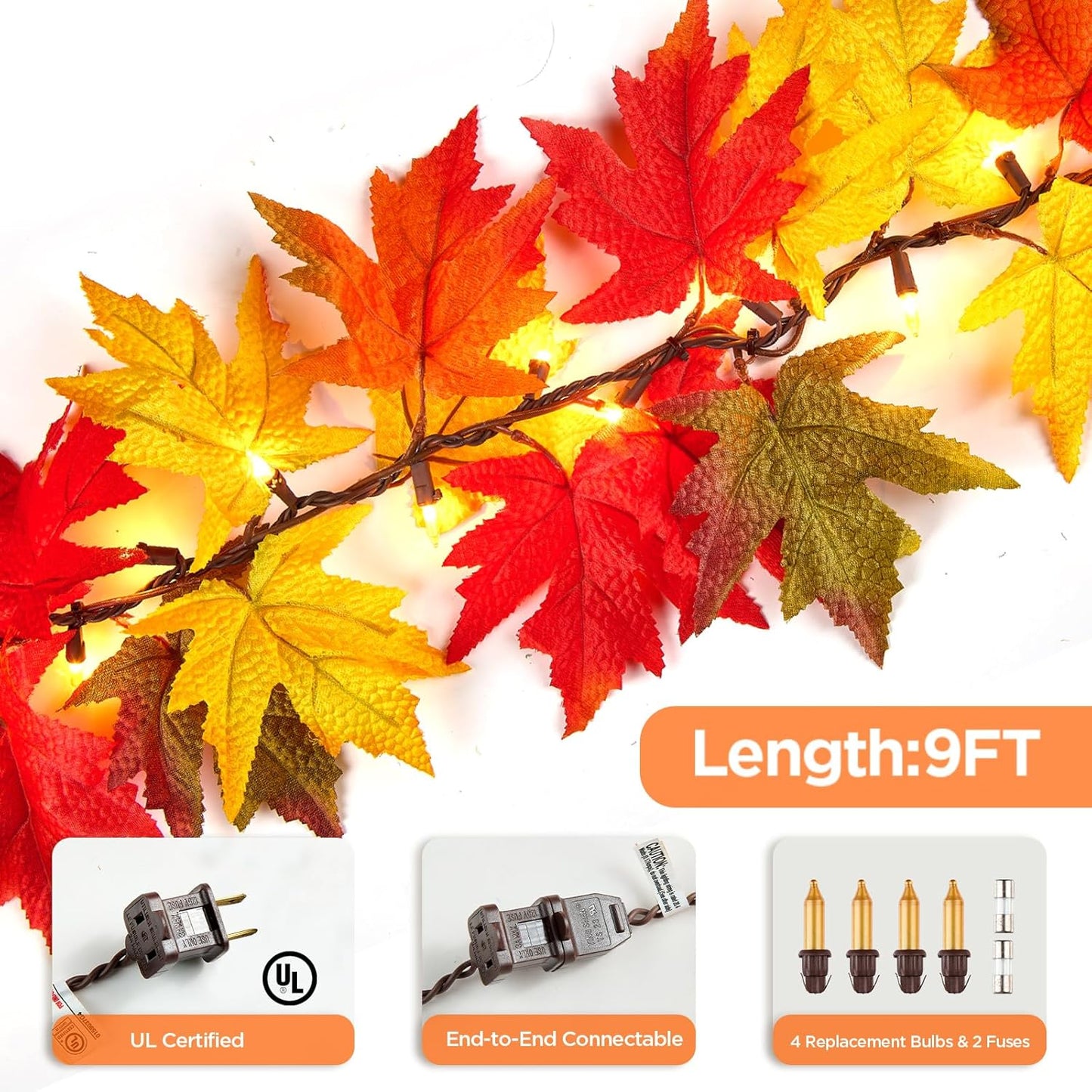9FT Fall Decorations for Home Large Leaves Fall Garland with Lights Plug in 50 Bulbs Connectable Thanksgiving Garland String Lights for Outdoor Indoor Harvest Fireplace Fall Decor(2 Packs)