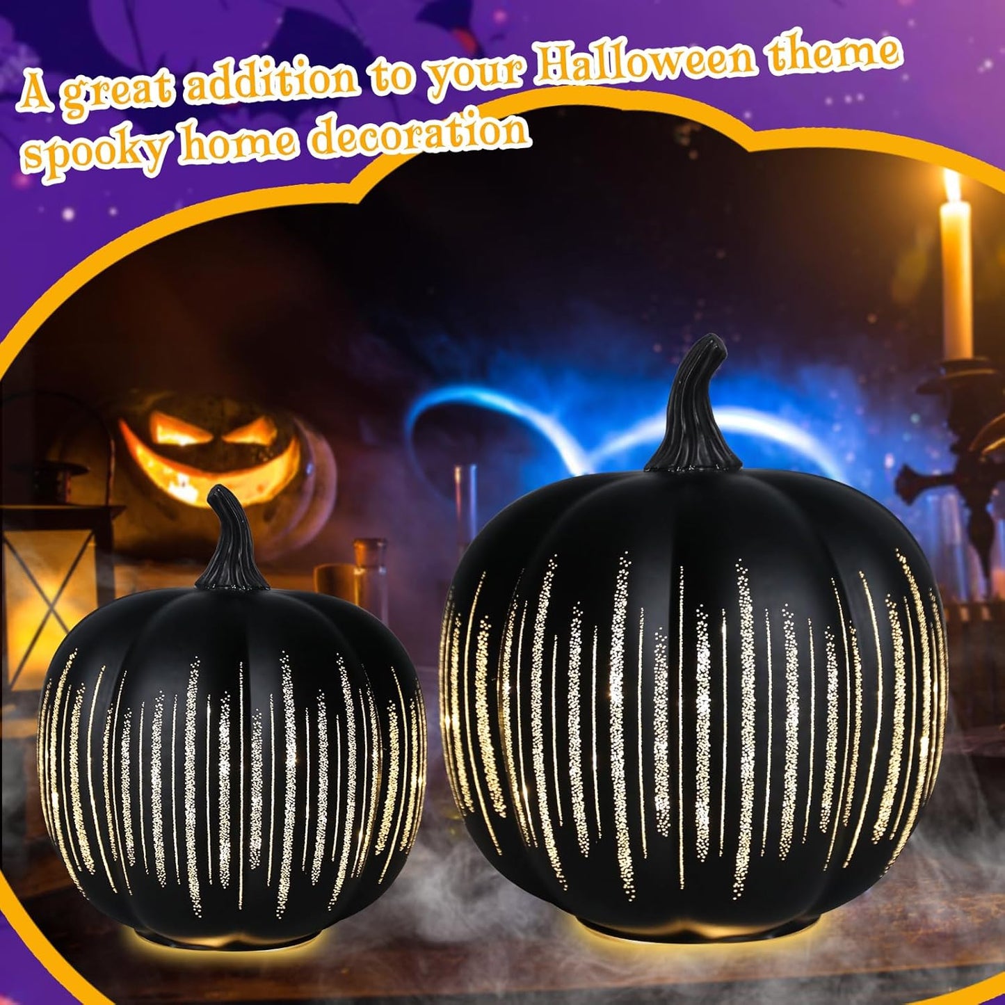 Bdor Halloween Pumpkin Decorations, 2-Piece LED Black Pumpkins Set with Gold Stripes, 8.66" & 6.69" Light Up Fall Decor for Tabletop, Home, Party
