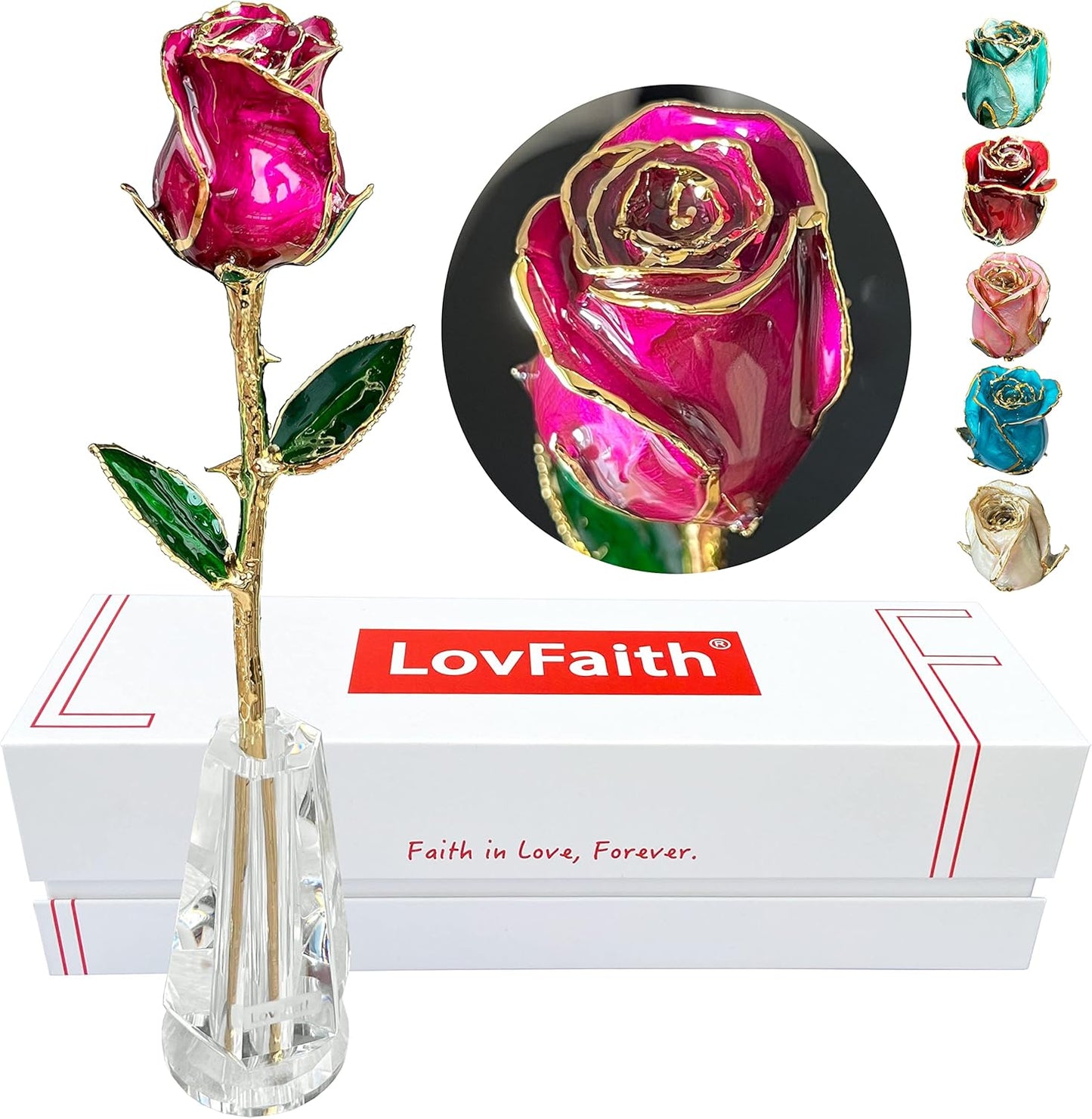 Valentine Gift Real Rose Dipped 24K Gold with Crystal Stand, Best Anniversary Rose Gift for Her Wife Mother Birthday Christmas (A4. Magenta -Original Rose)