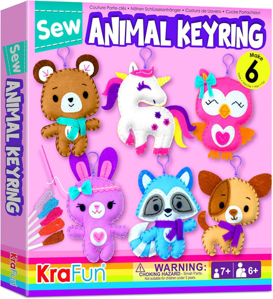 KRAFUN Unicorn Sewing Keyring Kit for Kids Age 7 8 9 10 11 12 Learn Art & Craft, Includes 6 Stuffed Animal Bear, Dog, Rabbit, Raccoon, Owl Dolls, Instruction & Felt Materials