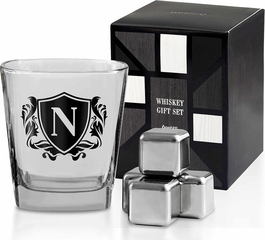 Whisky Gifts for Men, Personalized Initial Whiskey Glass with Whiskey Stones for Dad, Boyfriend, Best Friends, Coworkers, Husband, Brother, Uncle and Boss on Father's Day, Boss Day and Birthday - N