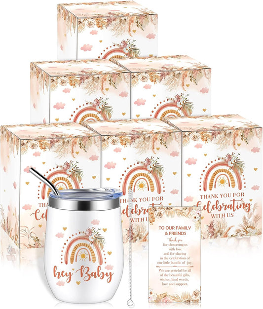 Hoolerry 6 Set Baby Shower Game Prizes for Guests Winners 12 oz Insulated Stainless Steel Tumbler Cup with Lids, Straws, Cleaning Brush, Cards & Boxes Return Gifts(Light Pink,Rainbow)