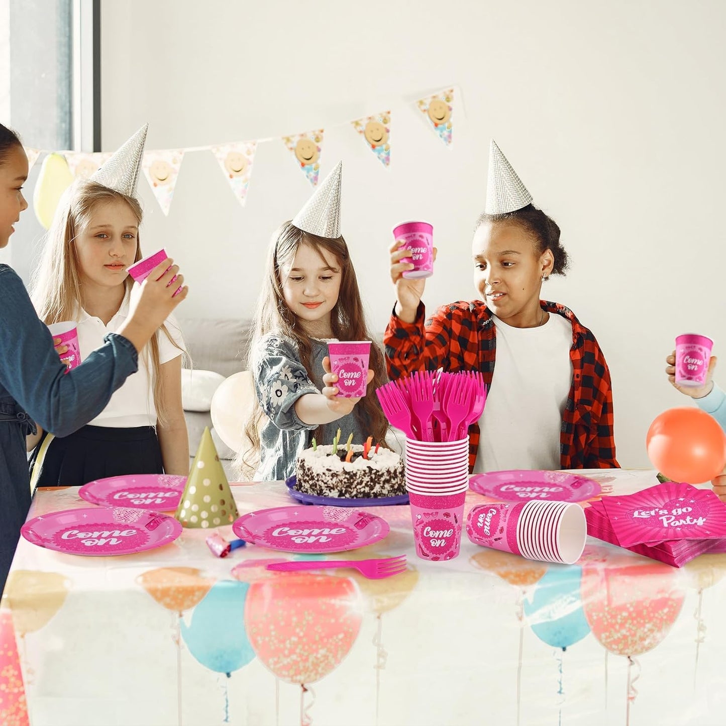 144 Pieces Let's Go Party Tableware Sets Including Disposable Plates Napkins Cups Forks Serves 24 for Birthday Disco Pink Girl Party Supplies